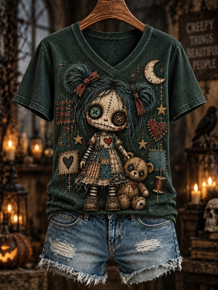 Halloween Creepy Dolls V-Neck T-Shirt Vintage Halloween Outfits Gift For Wife 1 - Unicasport Halloween Creepy Dolls V-Neck T-Shirt Vintage Halloween Outfits Gift For Wife