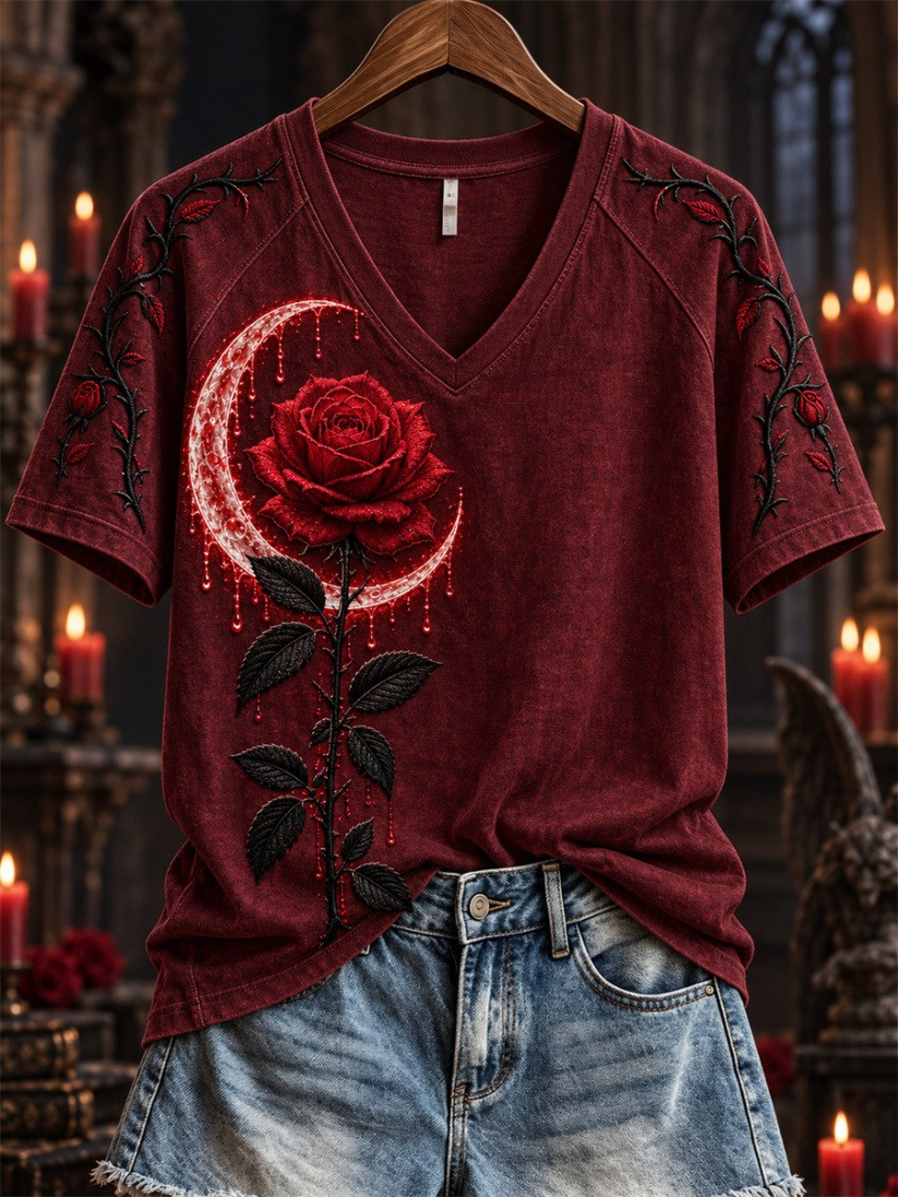 Halloween Gothic Bloody Rose & Thorns Crescent V-Neck T-Shirt Halloween Ideas For Gifts 1 - Unicasport Halloween Gothic Bloody Rose & Thorns Crescent V-Neck T-Shirt Halloween Ideas For Gifts