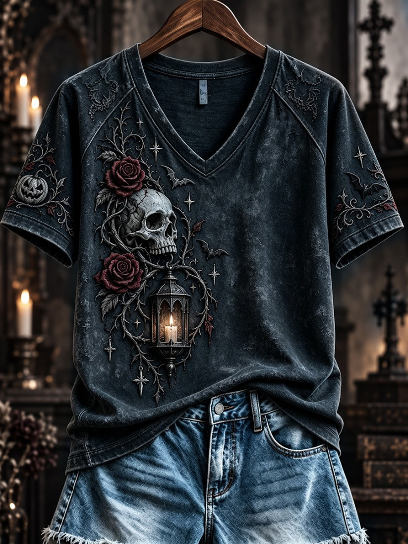 Vintage Halloween Gothic Rose Skull V-Neck T-Shirt Gift For Women 1 - Unicasport Vintage Halloween Gothic Rose Skull V-Neck T-Shirt Gift For Women
