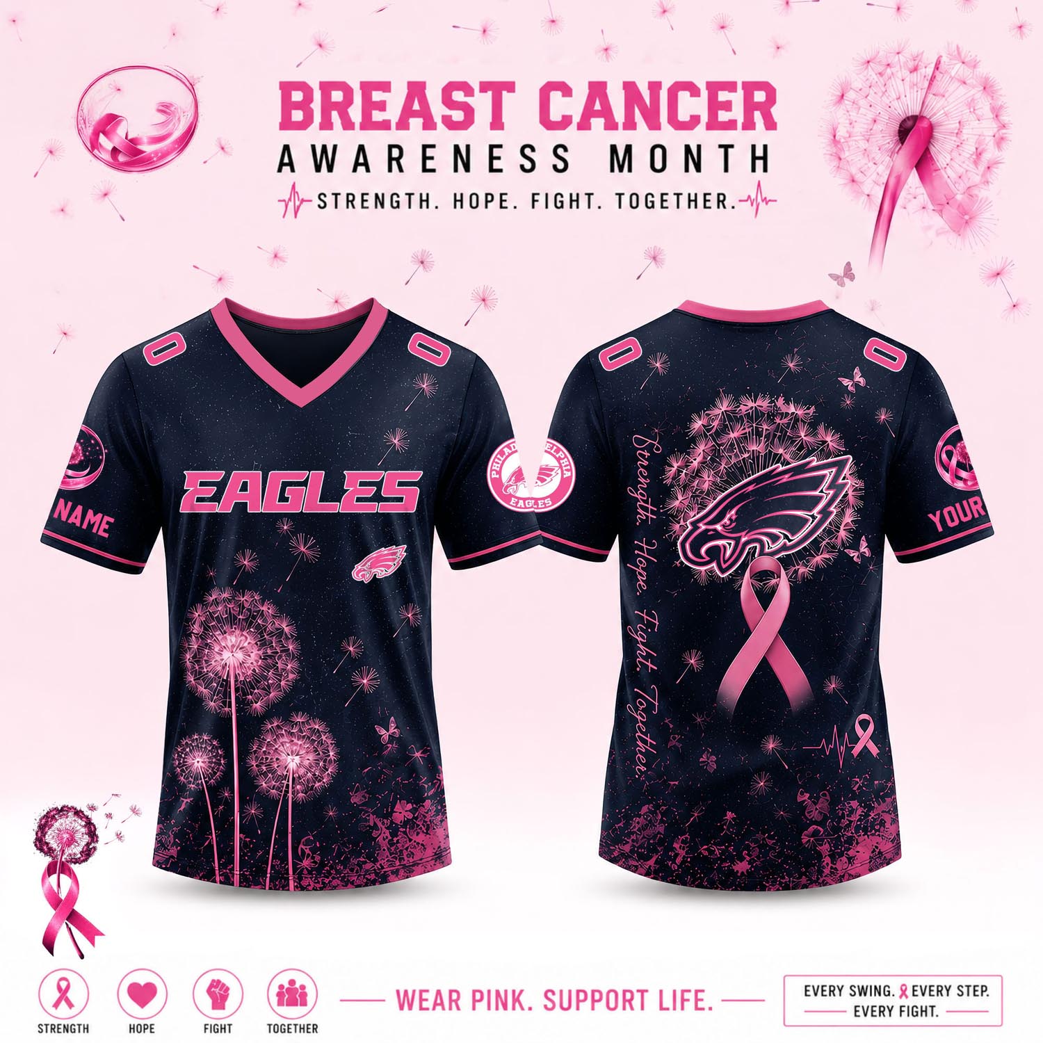 Philadelphia Eagles Dandelion Of Hope Breast Cancer Awareness V Neck Jersey Football Fan Apparel