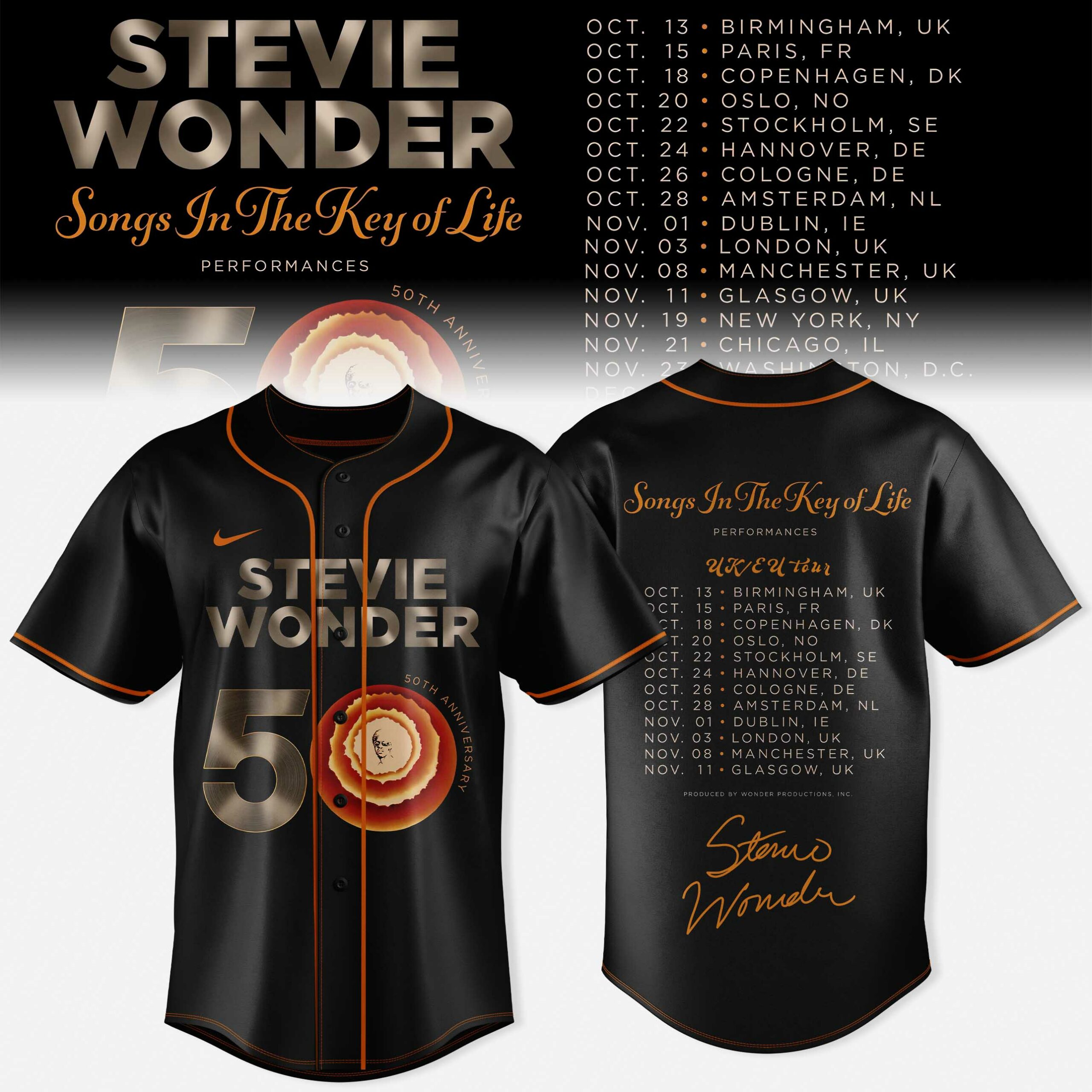 Songs In The Key Of Life 50th Anniversary EU UK Tour Jersey Music Concert Fan Wear