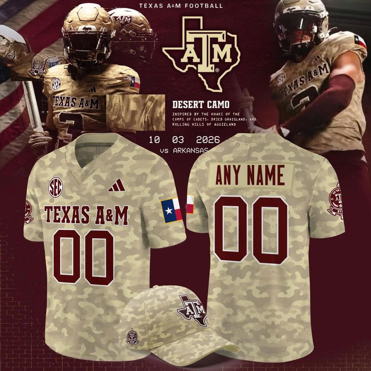 Texas AM 2026 Honor and Support Desert Camo Personalized Football Jersey Custom Name Number College Fan Apparel