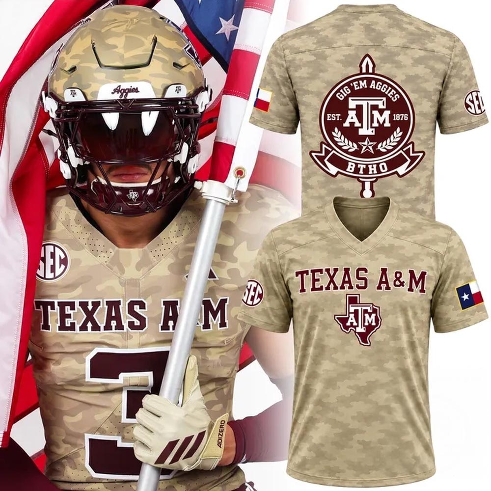 Texas AM Aggies 2026 Honor Support Camo Football Jersey NCAA College Team Fan Military Inspired Apparel