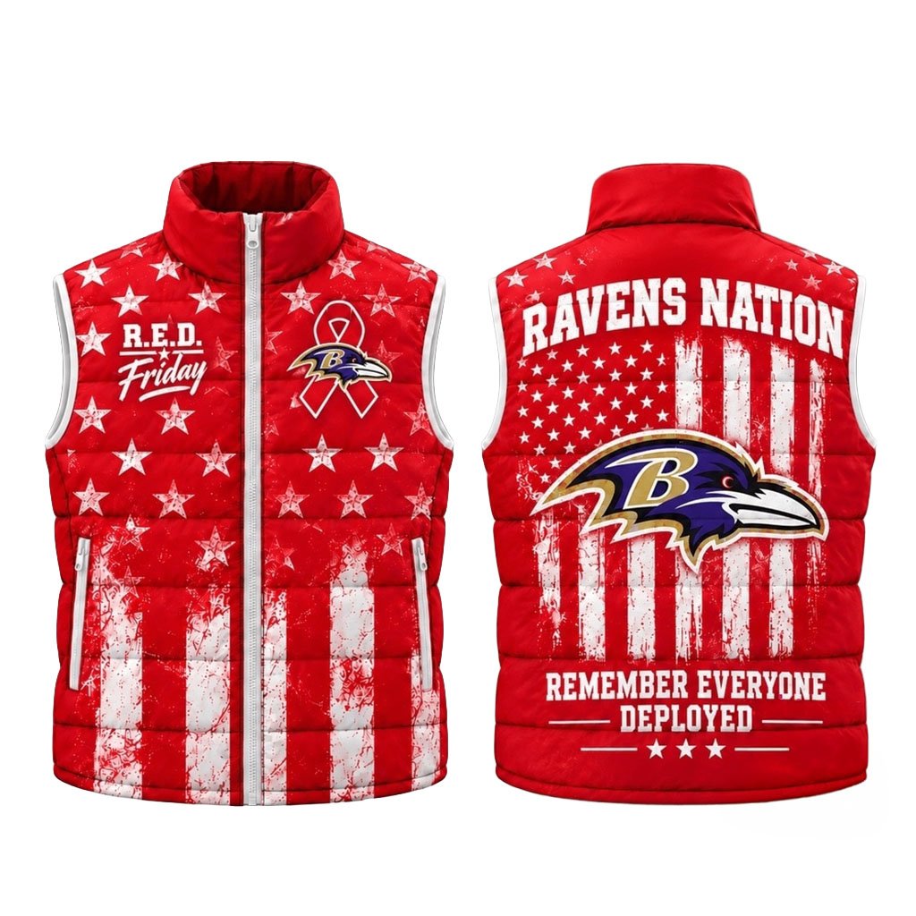 Baltimore Ravens RED Friday Stars And Stripes Sleeveless Puffer Jacket Baltimore Ravens Merch