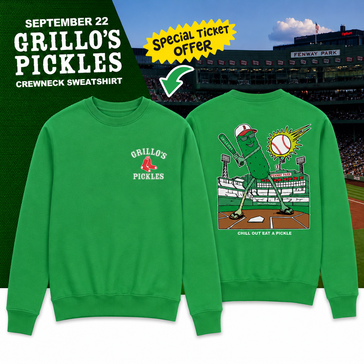 Boston Red Sox Grillo's Pickles Chill Out Eat A Pick Fenway Park Sweatshirt Merch