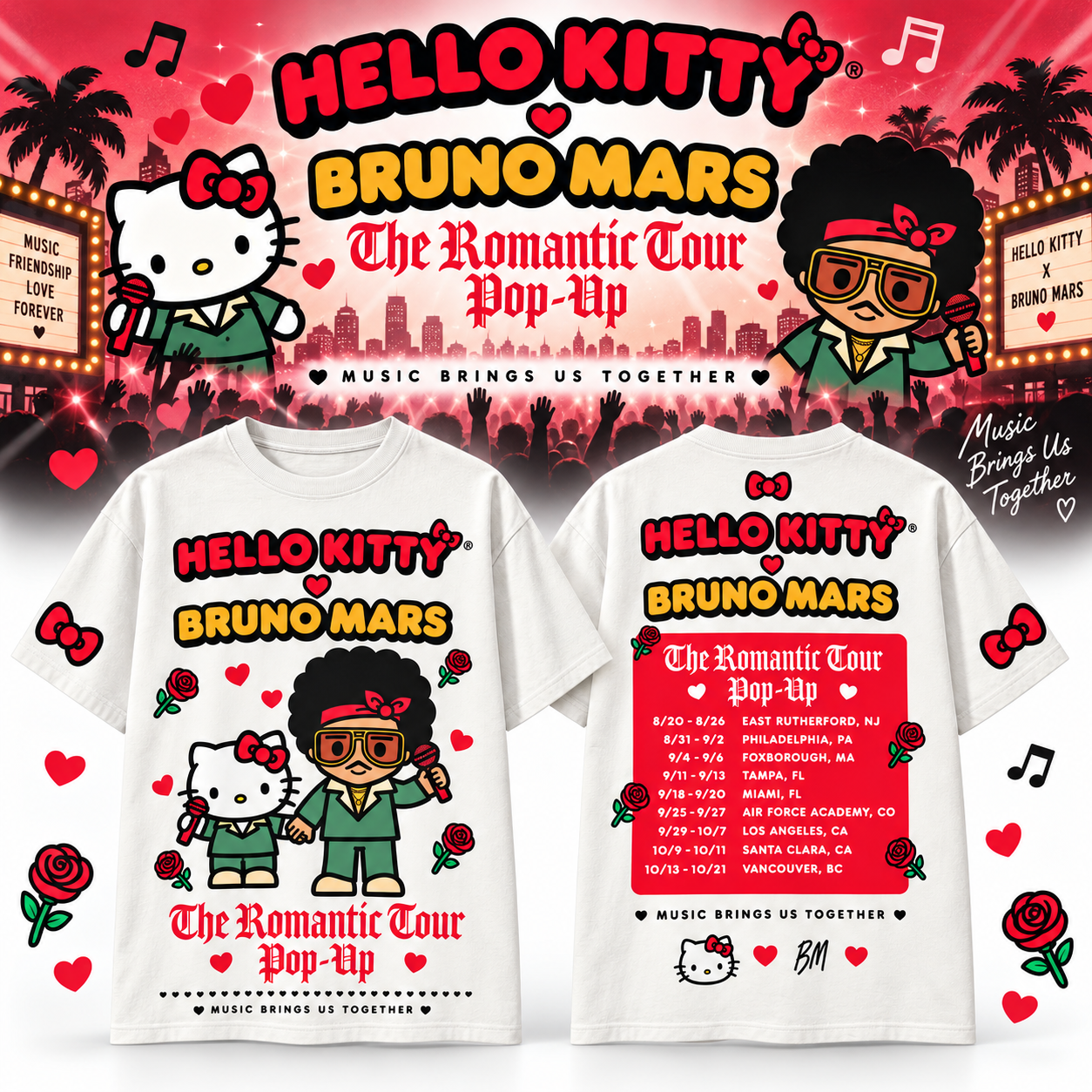 Bruno Mars And Hello Kitty 2026 The Romantic Tour Merch Shirt