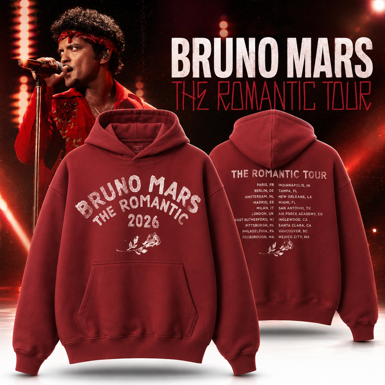 Bruno Mars The Romantic Tour 2026 Merch Hoodie Gift for Fan Music