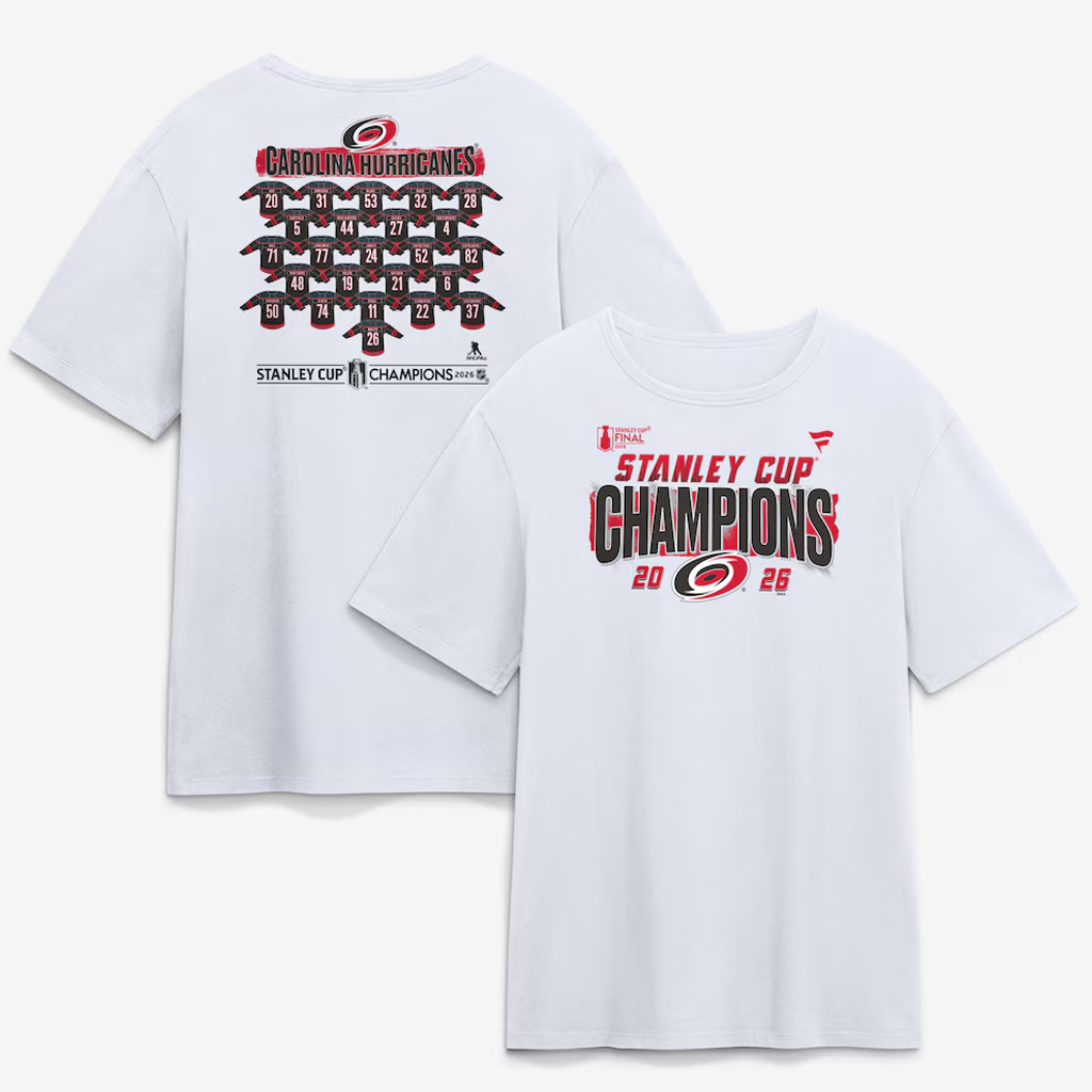 Carolina Hurricanes White 2026 Stanley Cup Champions Roster Jersey Graphic T-Shirt 1 - Unicasport Carolina Hurricanes White 2026 Stanley Cup Champions Roster Jersey Graphic T-Shirt