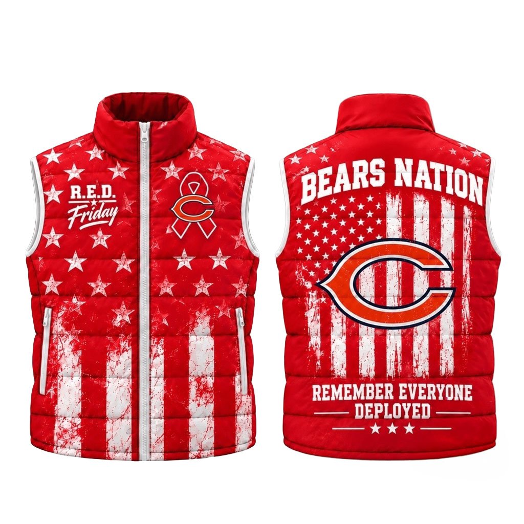Chicago Bears RED Friday Stars And Stripes Sleeveless Puffer Jacket Chicago Bears Merch