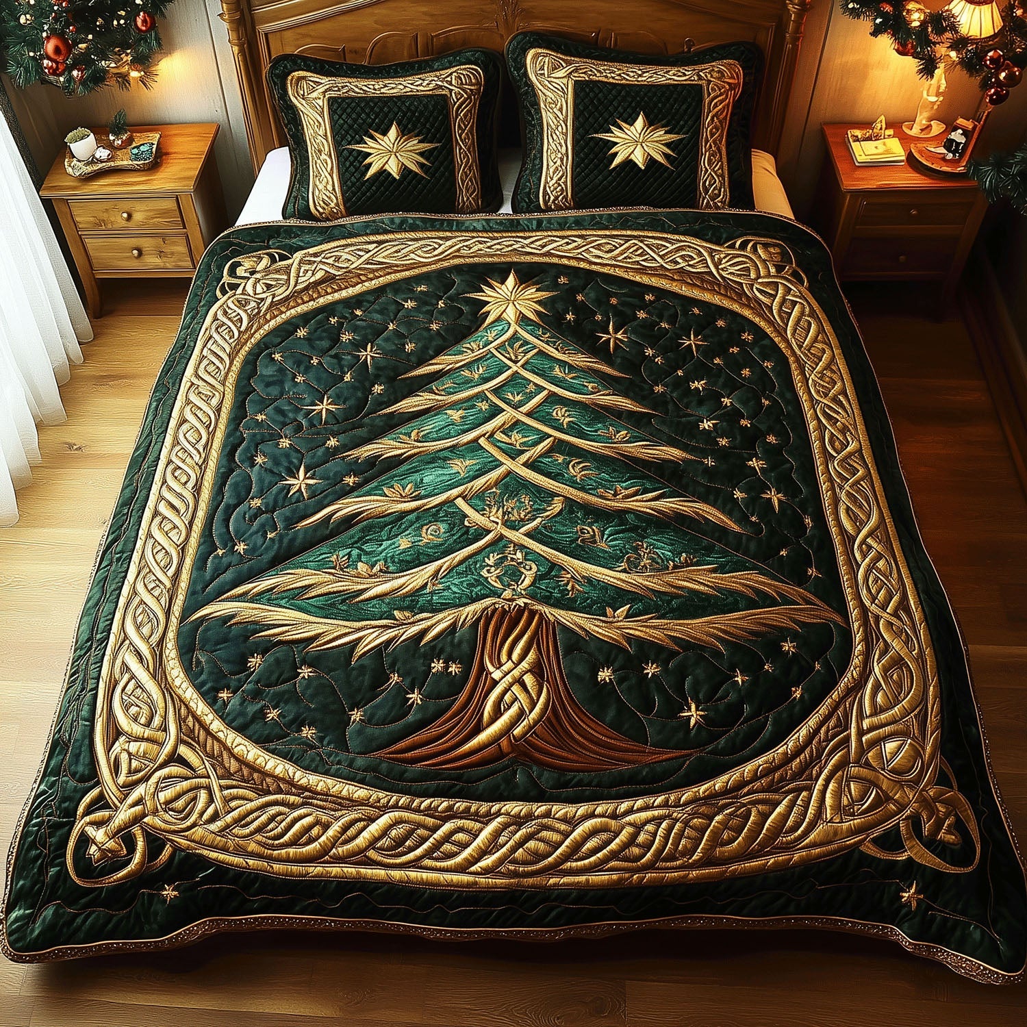 Christmas Tree Luxury Quilted Bedding Set Holiday Ornament Bedspread Set Xmas Gift For Mom