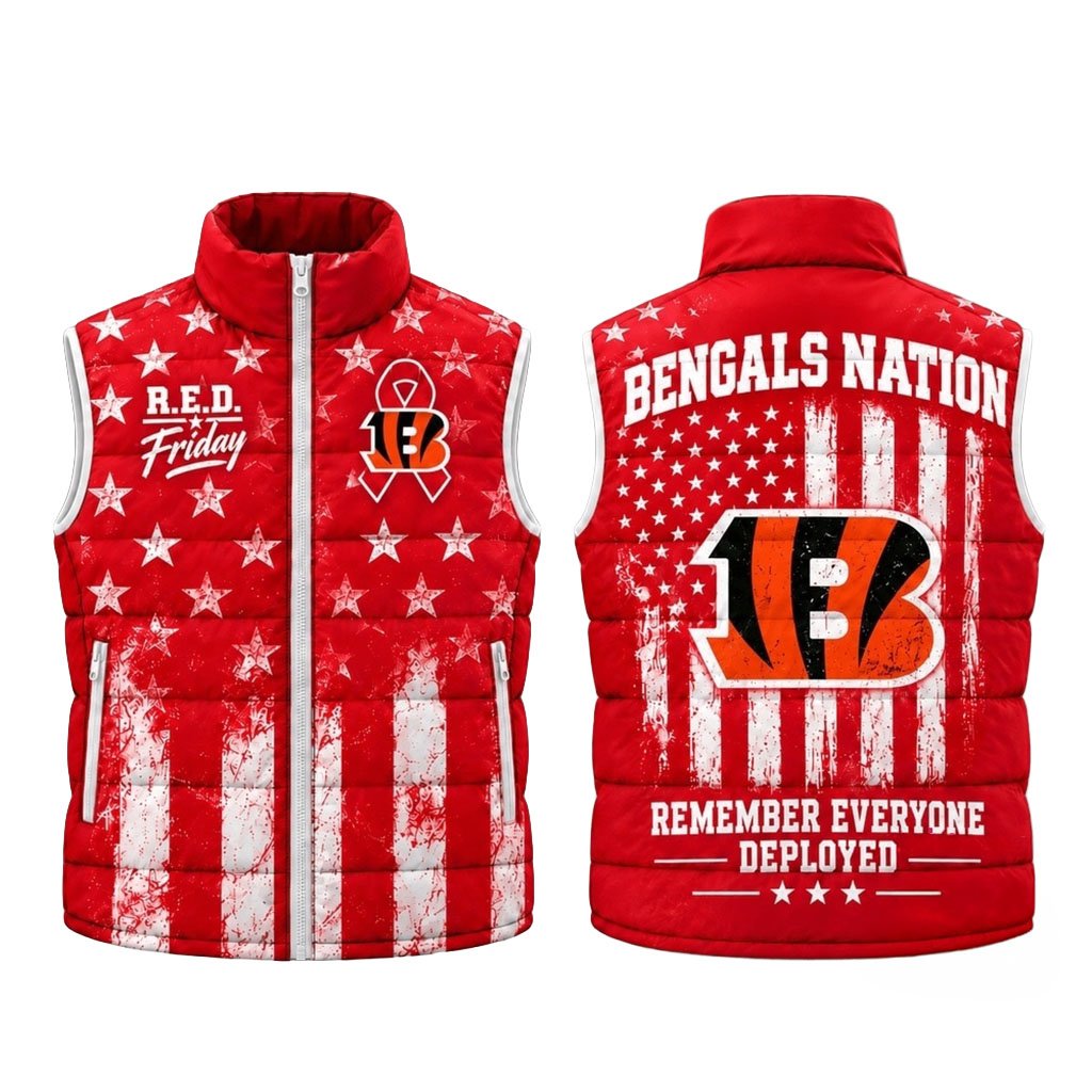 Cincinnati Bengals RED Friday Stars And Stripes Sleeveless Puffer Jacket Bengals Merch Fan Gear