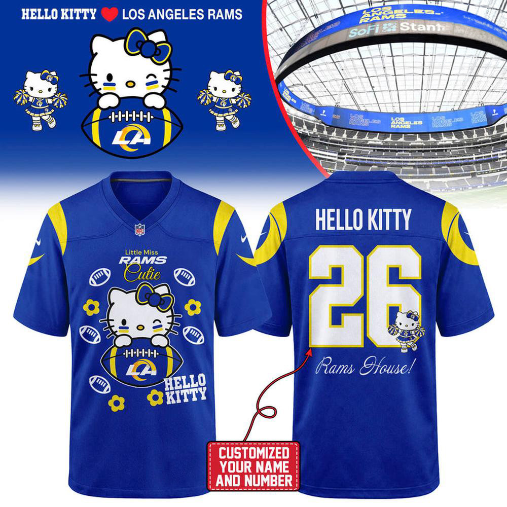 Custom Los Angeles Rams X Hello Kitty Merch Crossover Royal Blue Jersey Gifts For Mob Squad