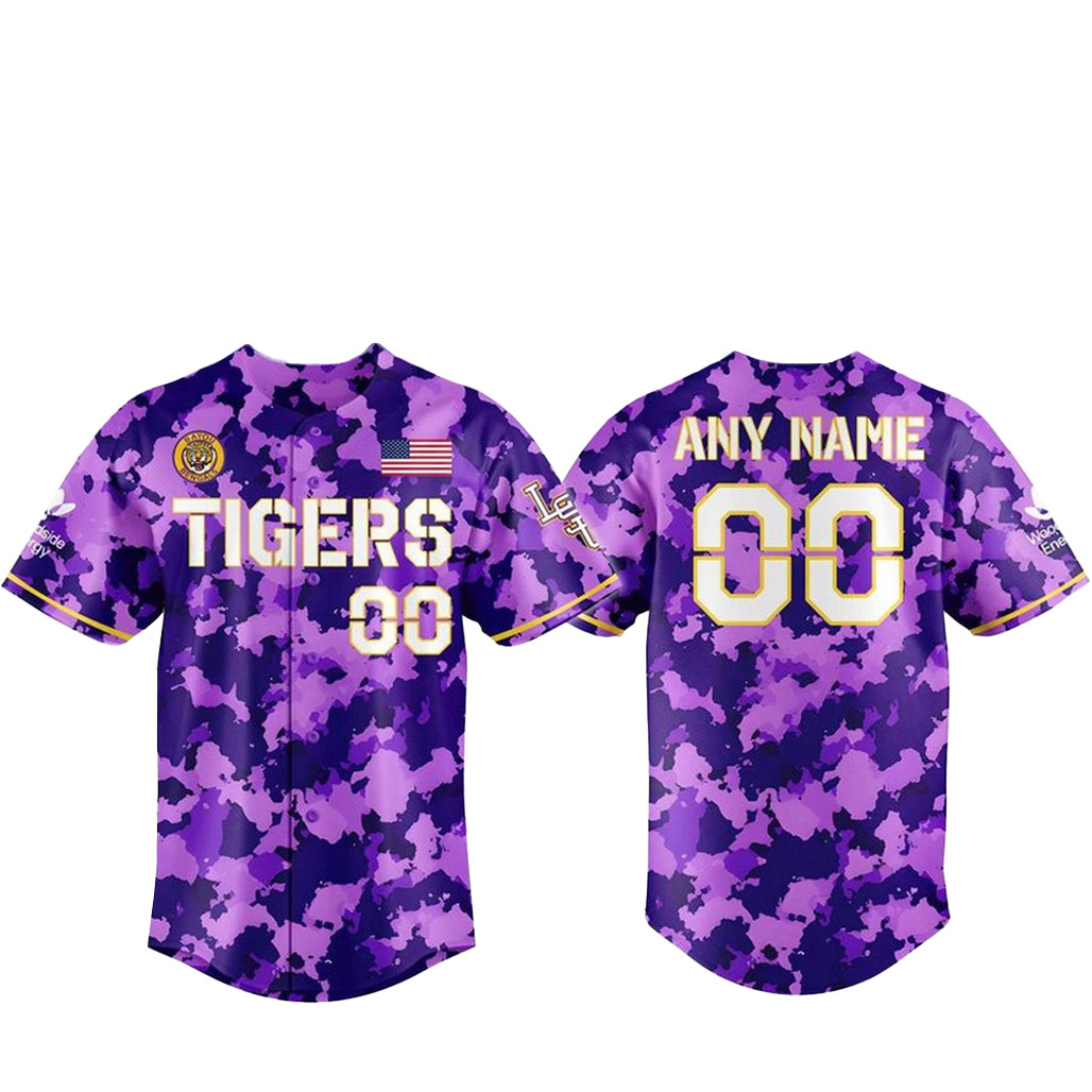 Custom Name & Number LSU Tigers 2026 Purple Camo Baseball Jersey 1 - Unicasport Custom Name & Number LSU Tigers 2026 Purple Camo Baseball Jersey