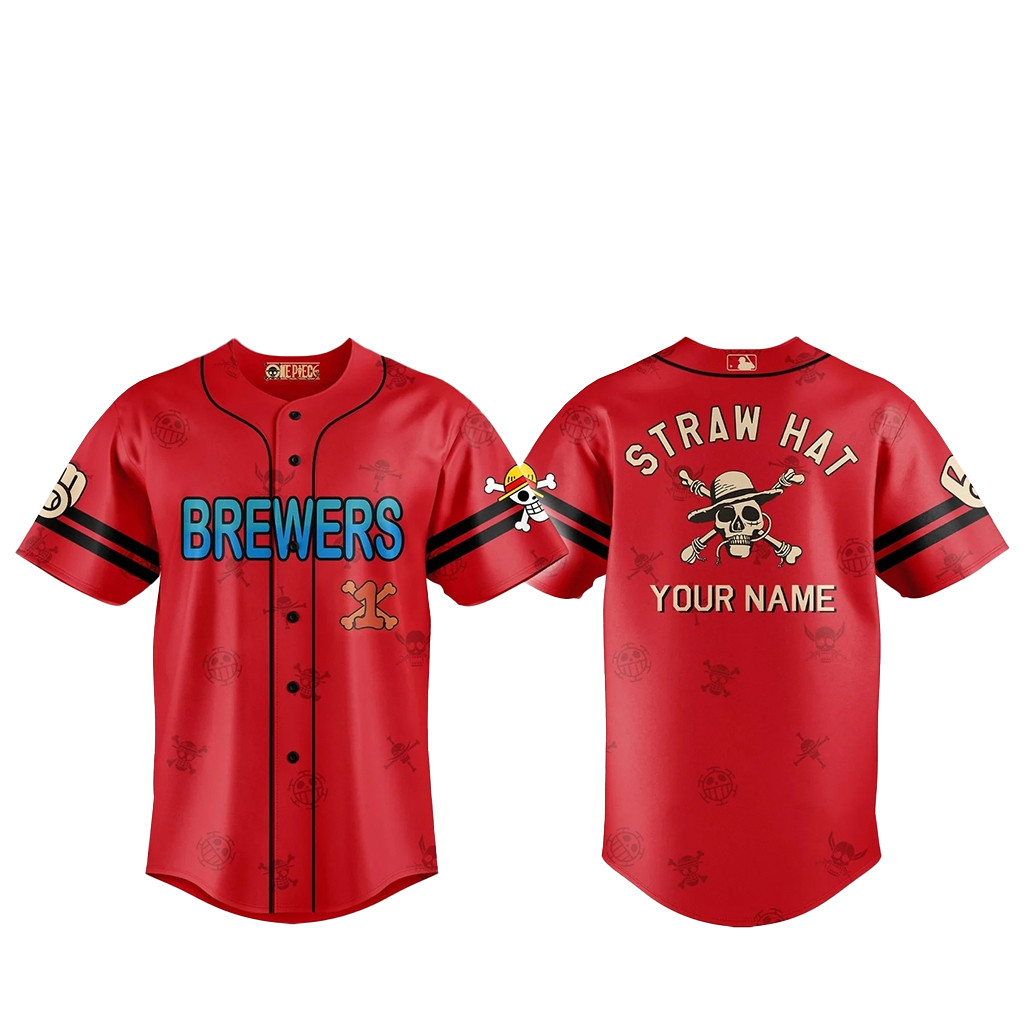 Custom Name Milwaukee Brewers One Piece 2 Live Action Luffy Neighbours Baseball Jersey