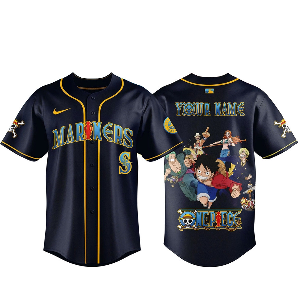 Custom Name Seattle Mariners x One Piece Night 2026 Navy Baseball Jersey 1 - Unicasport Custom Name Seattle Mariners x One Piece Night 2026 Navy Baseball Jersey