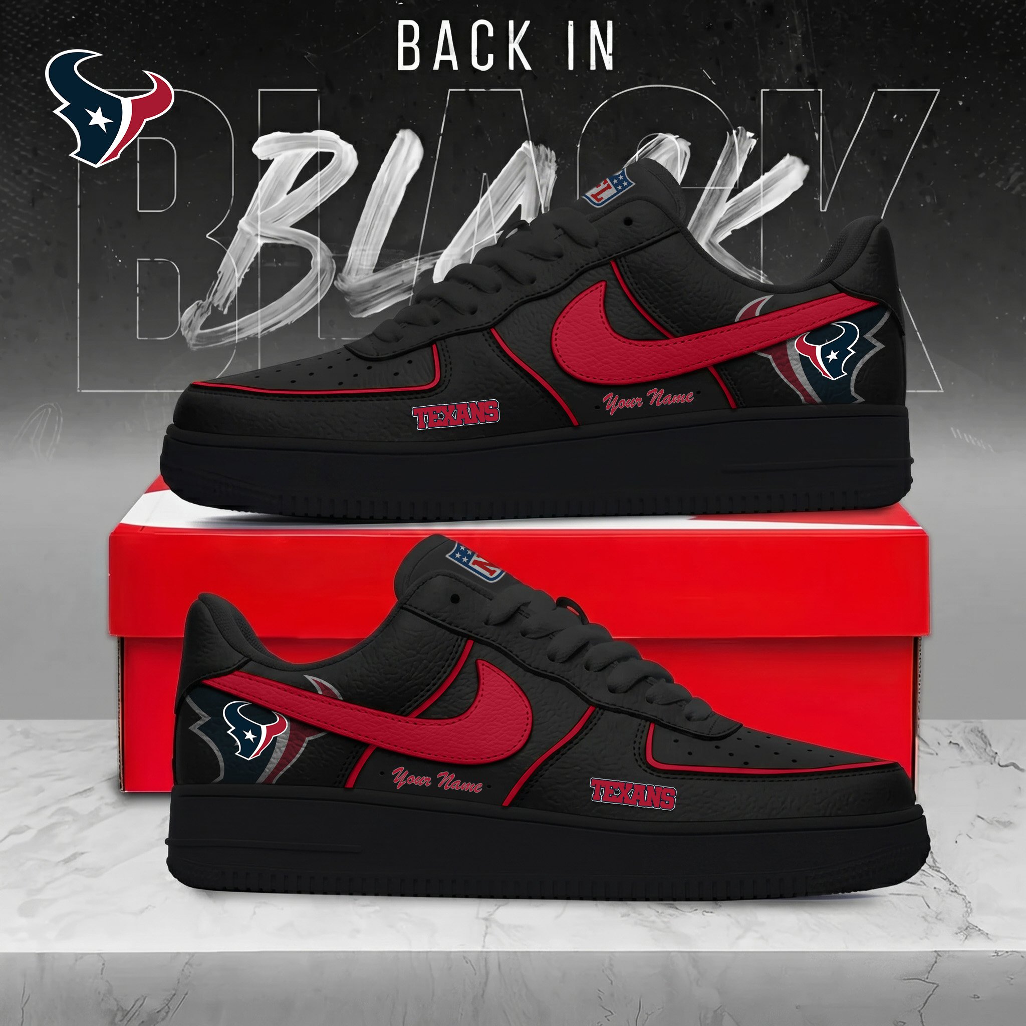 Customized Houston Texans Merch Back In Black Shoes Texans Football Sneakers Unique Gift For Husband