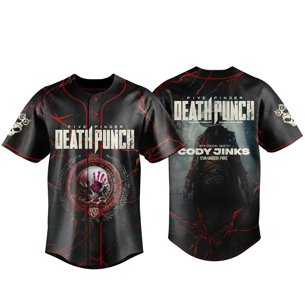 Five Finger Death Punch 20th Anniversary World Tour 2026 Baseball Jersey 1 - Unicasport Five Finger Death Punch 20th Anniversary World Tour 2026 Baseball Jersey