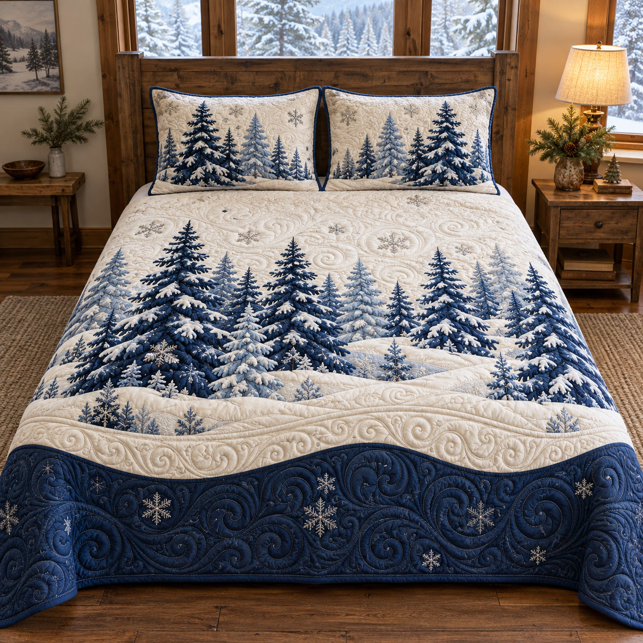 Frosted Pines Quilted Bedding Set Holiday Ornament Bedspread Set Xmas Gift For Mom