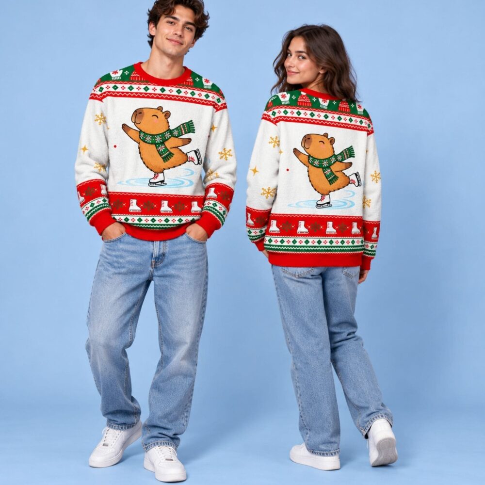 Funny Ice Skating Capybara Ugly Christmas Sweater Capybara Fans Apparel Best Gift IDeas