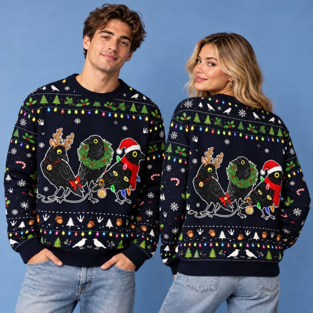 Funny Three Christmas Crows Ugly Christmas Sweater Christmas Holiday Clothes Gift For Him