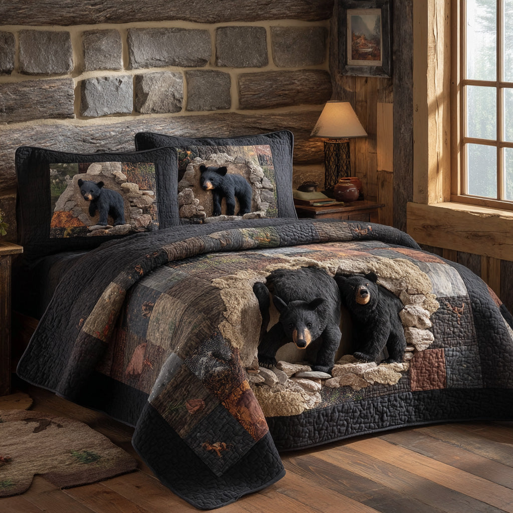Golden Pines Black Bear Quilted Bedding Set Holiday Ornament Bedspread Set Xmas Gift For Mom