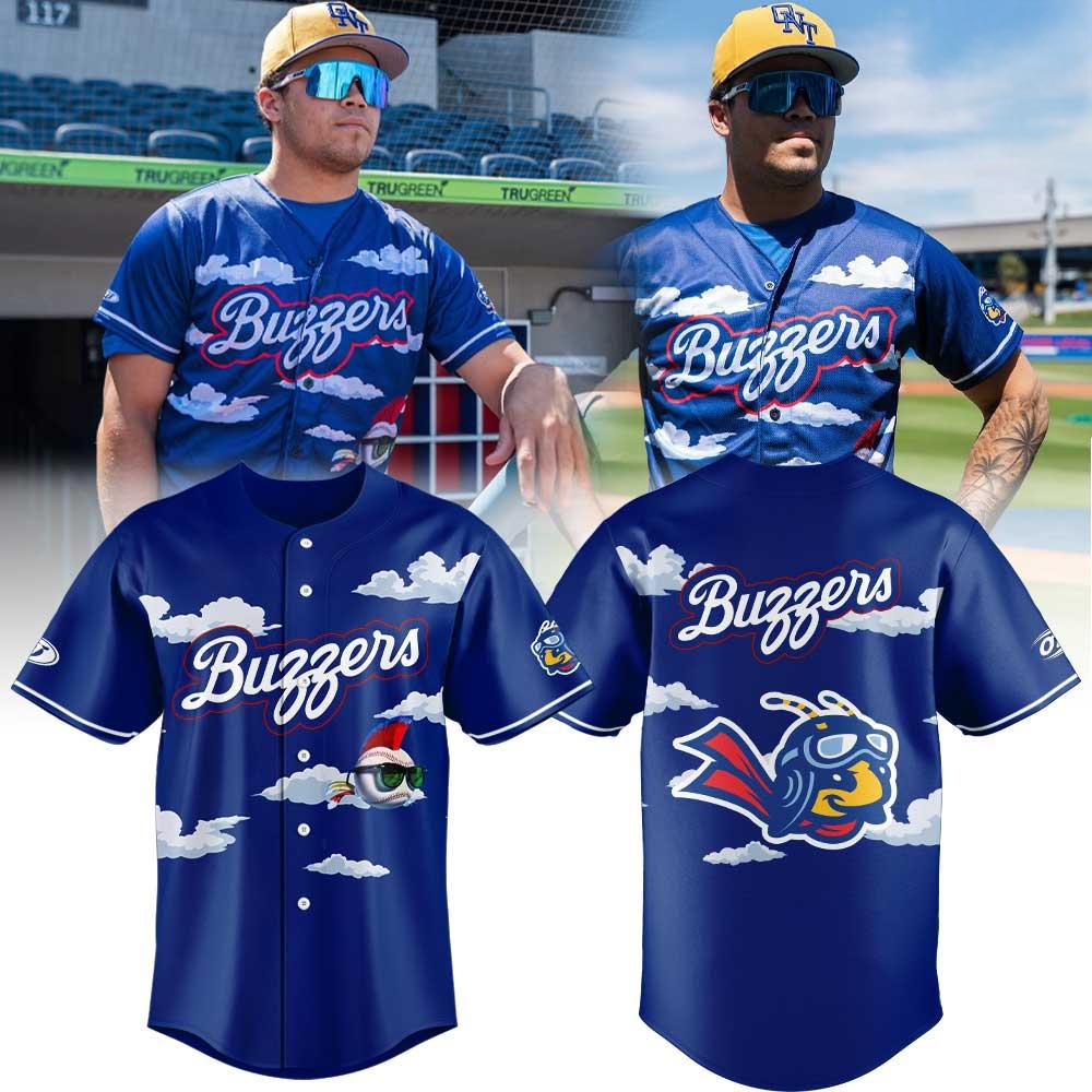 Ontario Tower Buzzers Bee Mascot Sky Cloud Graphic Baseball Jersey Fan Apparel