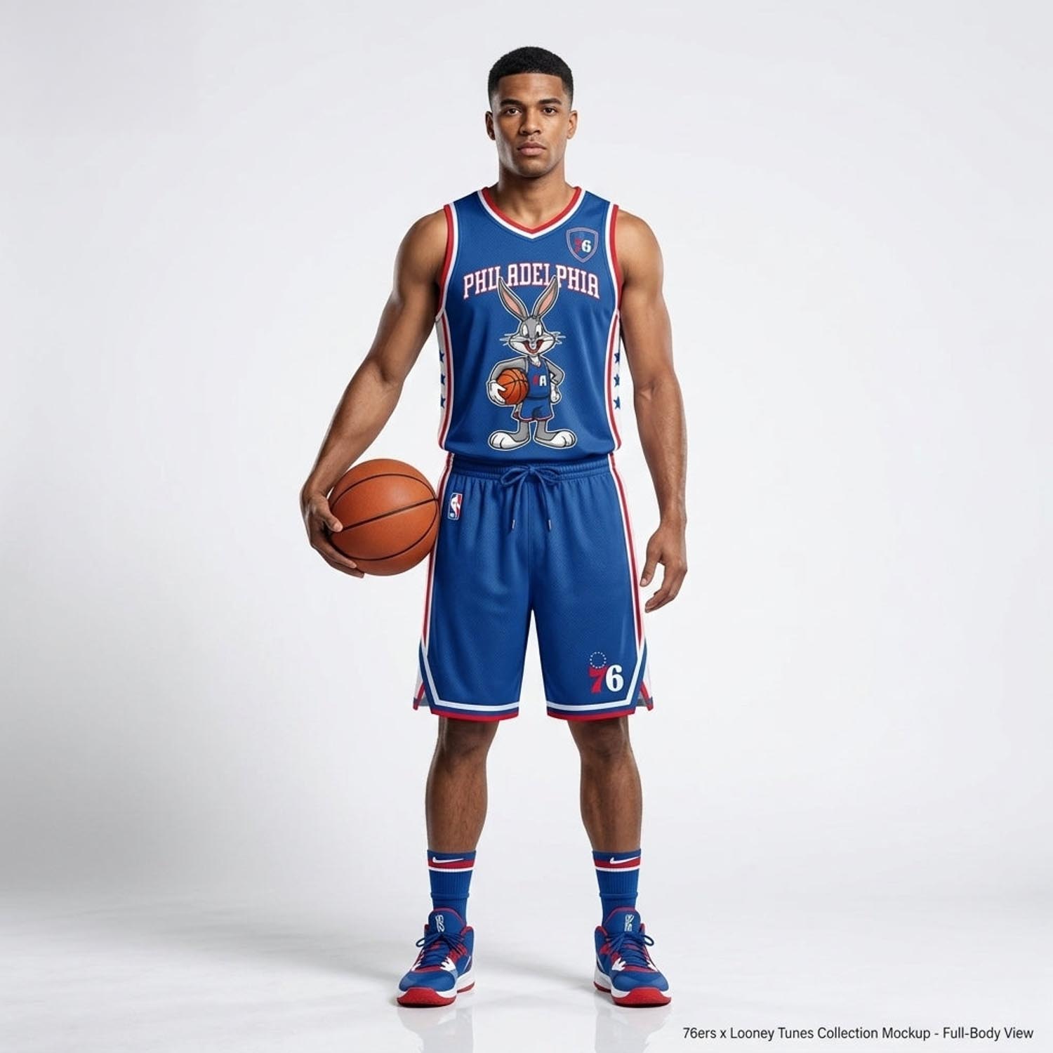 Philadelphia 76ers Bugs Bunny Blue Red Basketball Jersey and Shorts Set Fan Apparel