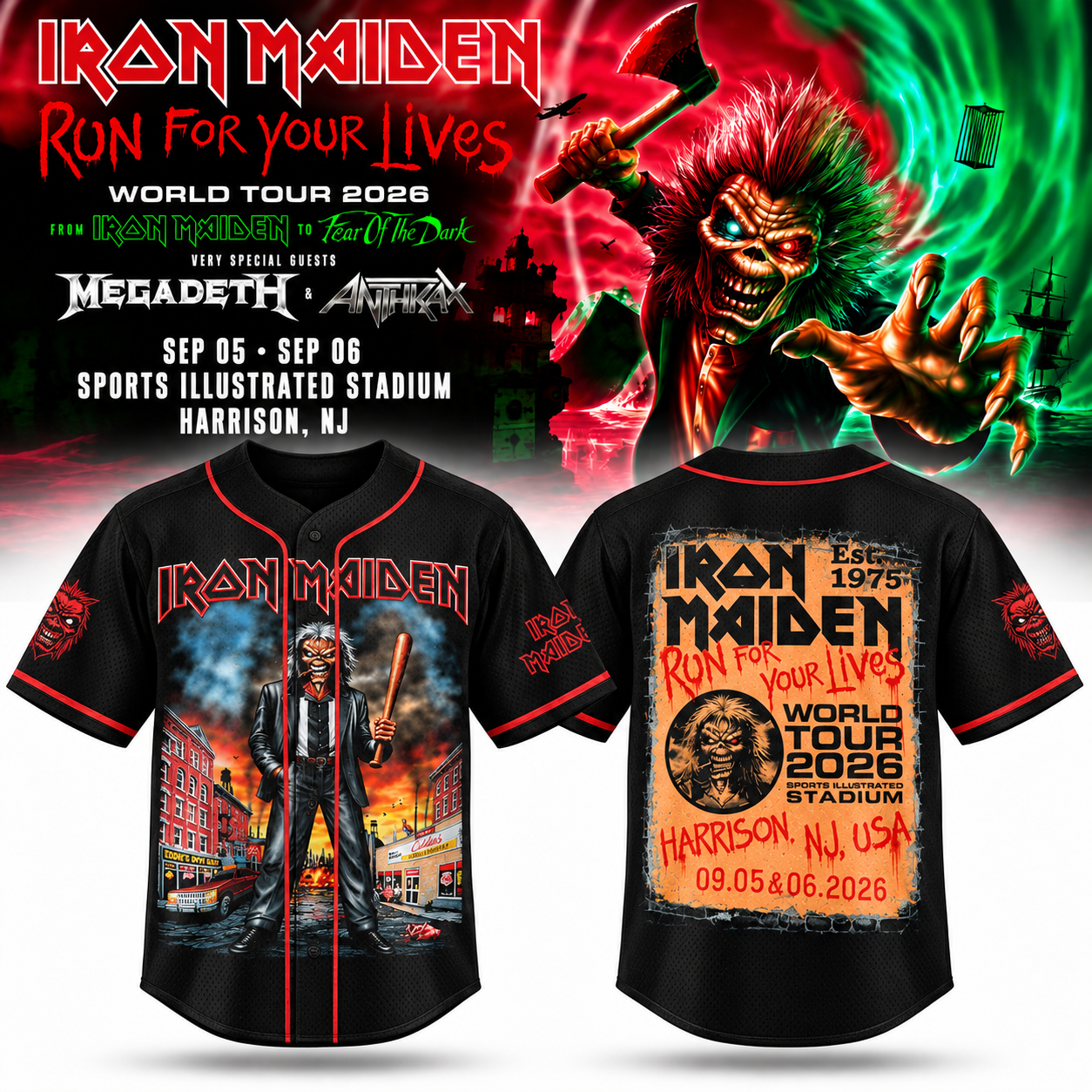 Iron Maiden Run For Your Lives World Tour 2026 Illustrated Stadium Harrison NJ Merch Jersey 1 - merchtourboutique iron maiden run for your lives world tour 2026 illustrated stadium harrison nj merch jersey THR1d - merchtourboutique