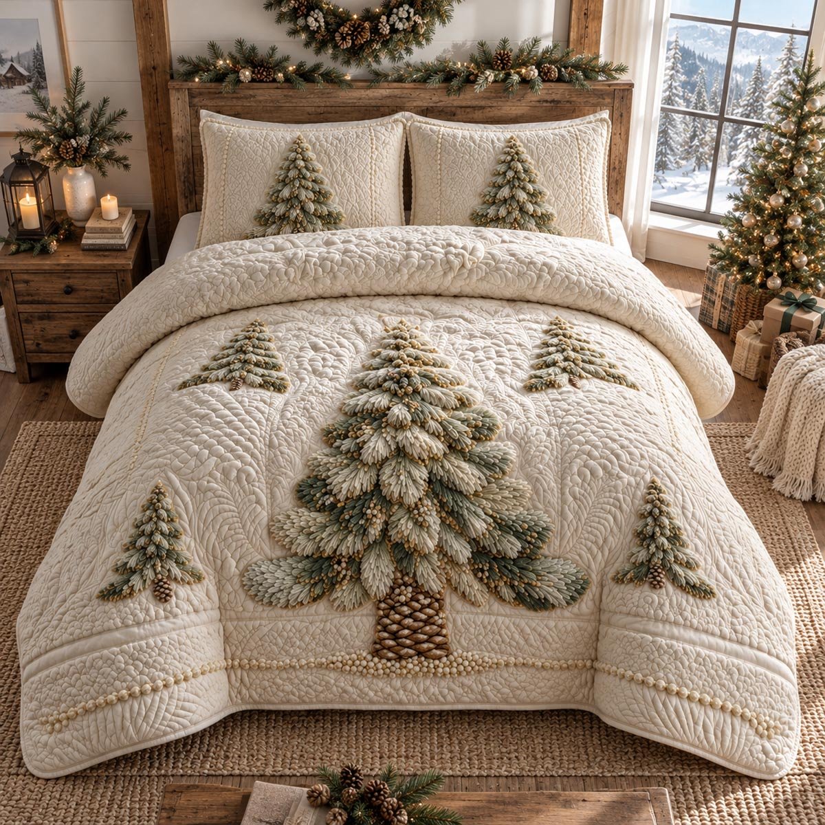 Ivory Winter Evergreen Quilted Bedding Set Holiday Ornament Bedspread Set Family Gift 1 - Unicasport Ivory Winter Evergreen Quilted Bedding Set Holiday Ornament Bedspread Set Family Gift