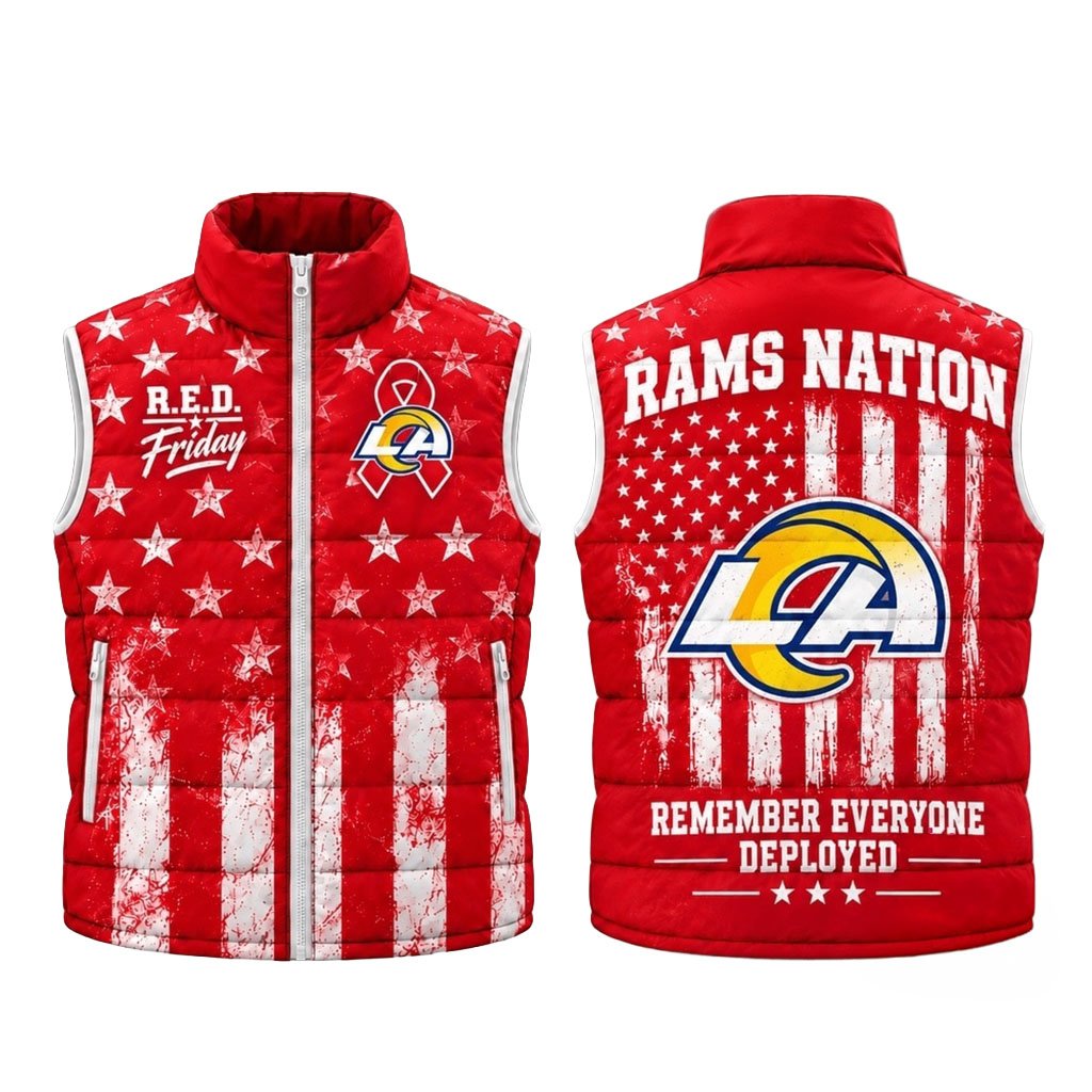 Los Angeles Rams RED Friday Stars And Stripes Sleeveless Puffer Jacket LA Rams Merch Best Gift