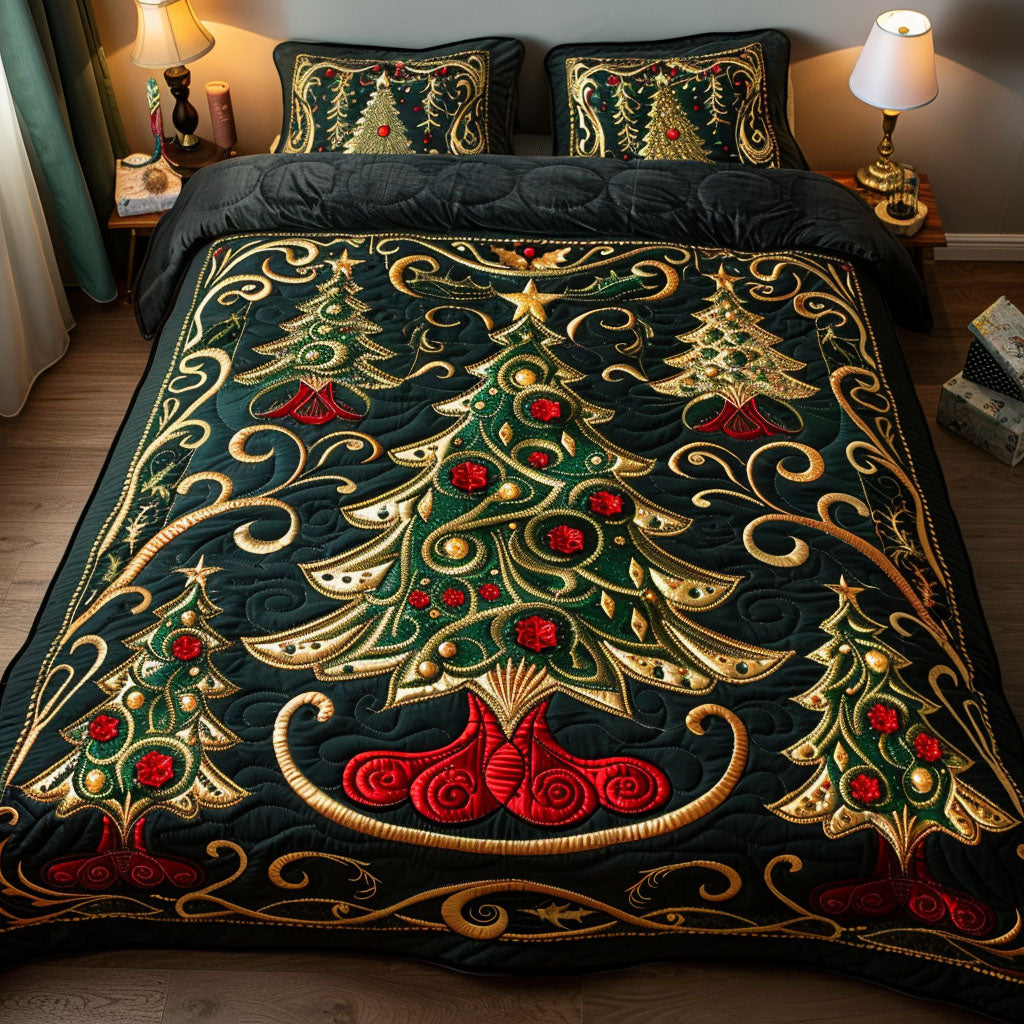 Merry Evergreen Glow Quilted Bedding Set Holiday Ornament Bedspread Set Family Gift