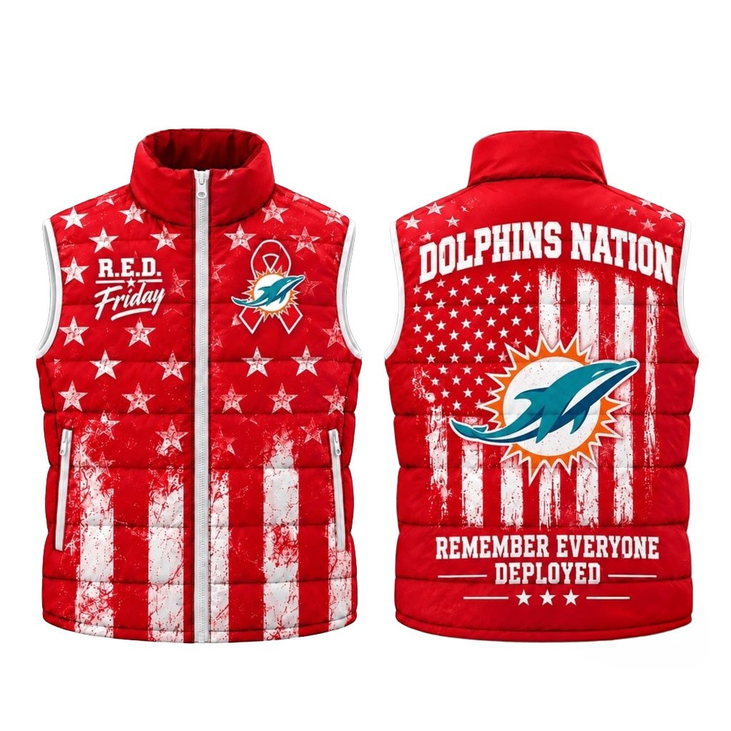 Miami Dolphins RED Friday Stars And Stripes Sleeveless Puffer Jacket Miami Dolphins Merch Gift