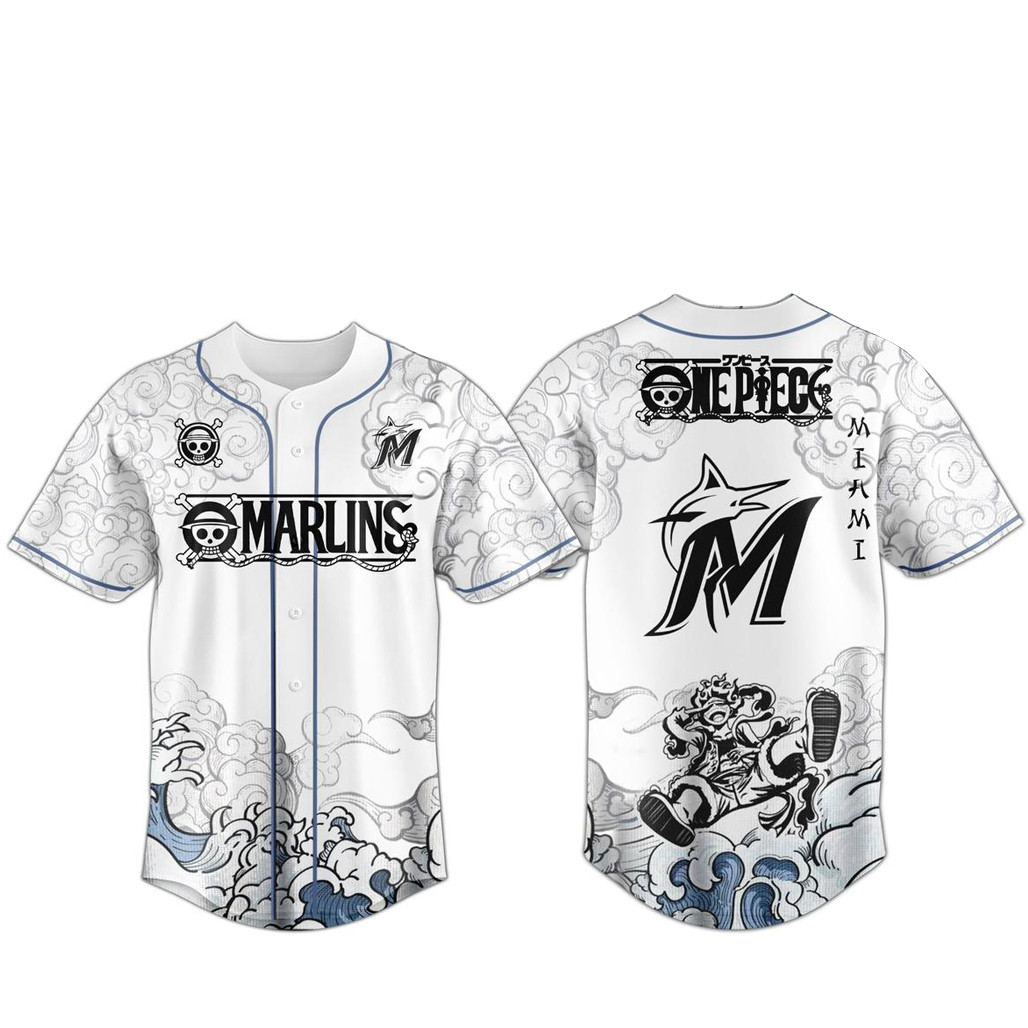 Miami Marlins x One Piece 2026 Luffy The Gear 5 Baseball Jersey 1 - Unicasport Miami Marlins x One Piece 2026 Luffy The Gear 5 Baseball Jersey