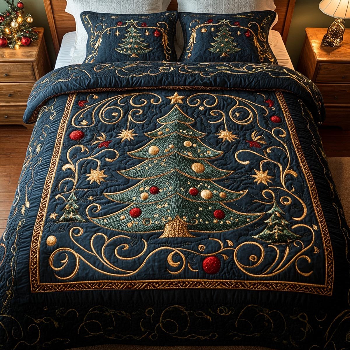 Midnight Christmas Tree Quilted Bedding Set Holiday Ornament Bedspread Set Xmas Gift For Mom