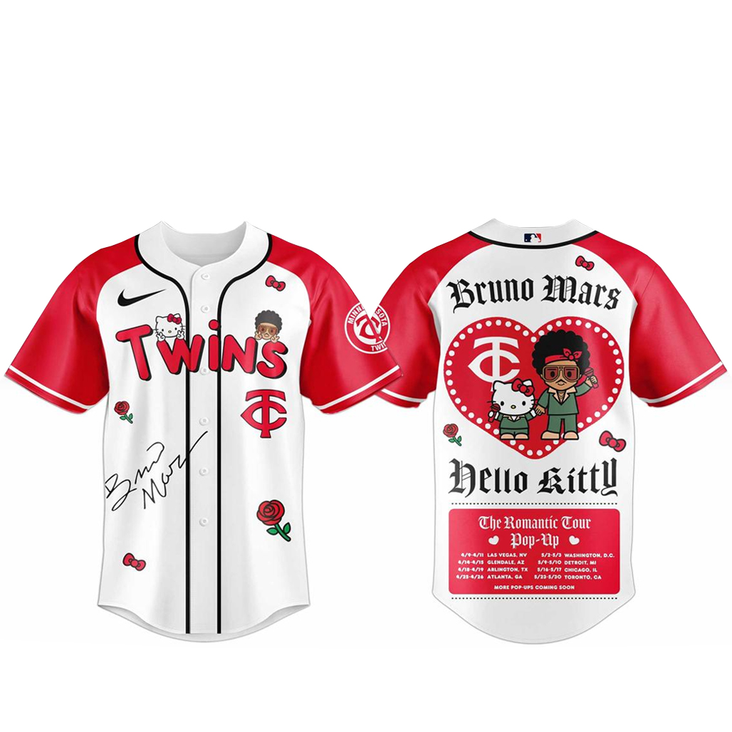 Minnesota Twins Bruno Mars x Hello Kitty 2026 The Romantic Tour Baseball Jersey 1 - Unicasport Minnesota Twins Bruno Mars x Hello Kitty 2026 The Romantic Tour Baseball Jersey