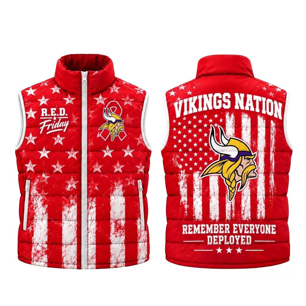 Minnesota Vikings RED Friday Stars And Stripes Sleeveless Puffer Jacket Vikings Merch Gift Ideas