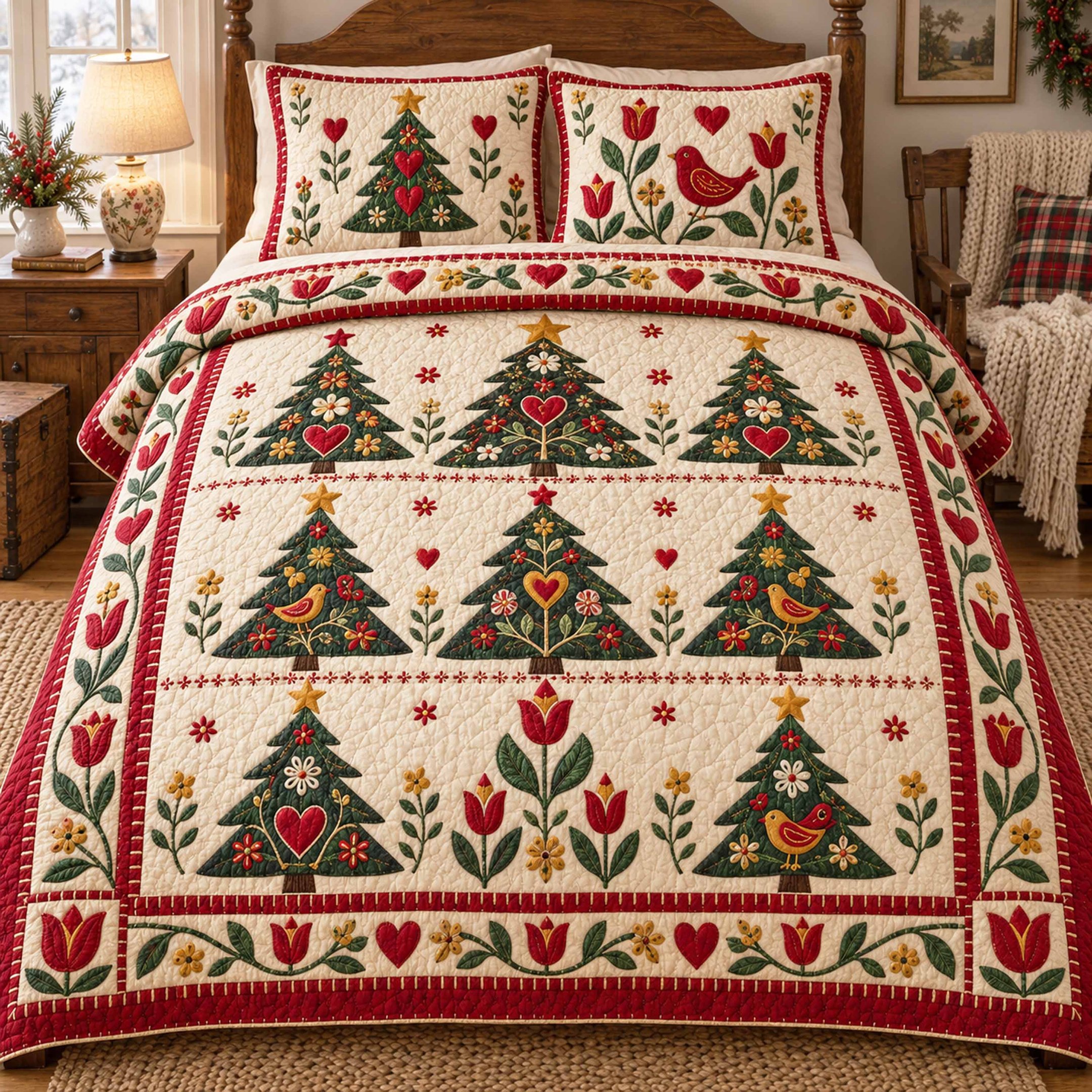 Noel Spruce Quilted Bedding Set Holiday Ornament Bedspread Set Family Gift
