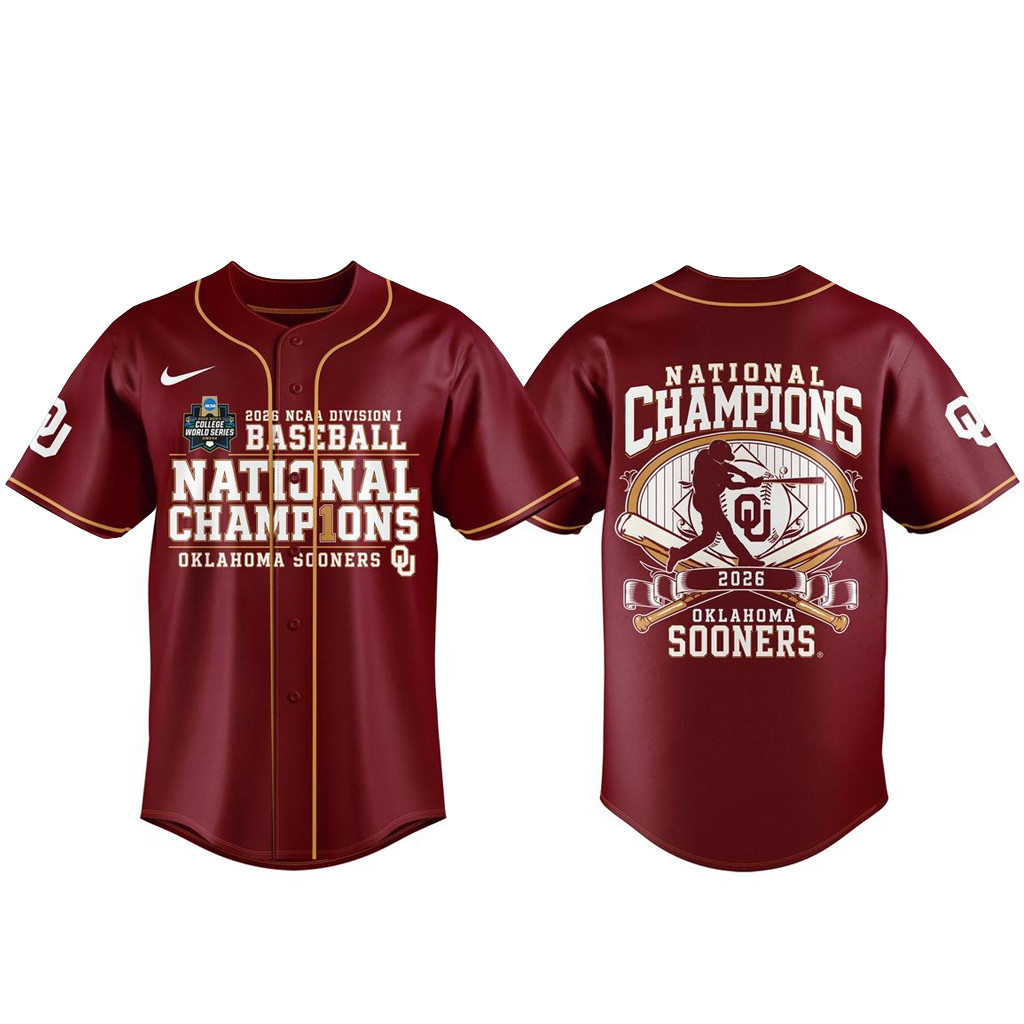 Oklahoma Sooners 2026 NCAA Baseball National Champions Red Baseball Jersey 1 - Unicasport Oklahoma Sooners 2026 NCAA Baseball National Champions Red Baseball Jersey