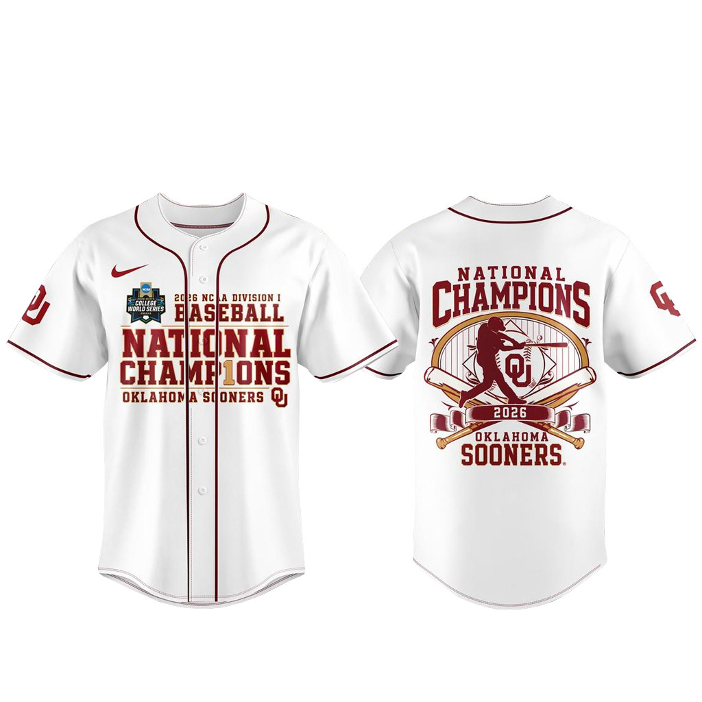 Oklahoma Sooners 2026 NCAA Baseball National Champions White Baseball Jersey 1 - Unicasport Oklahoma Sooners 2026 NCAA Baseball National Champions White Baseball Jersey