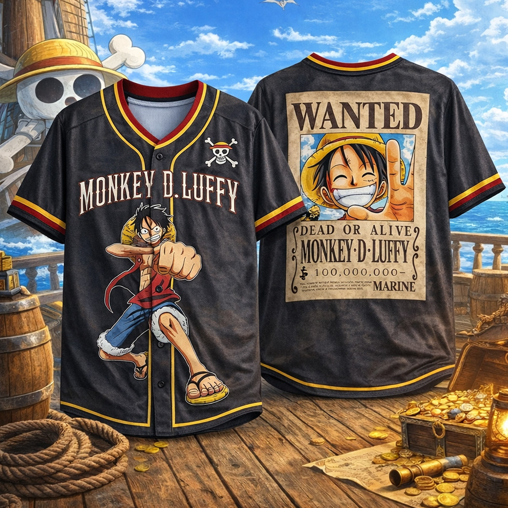 One Piece Luffy Wanted 2026 Baseball Jersey 1 - Unicasport One Piece Luffy Wanted 2026 Baseball Jersey