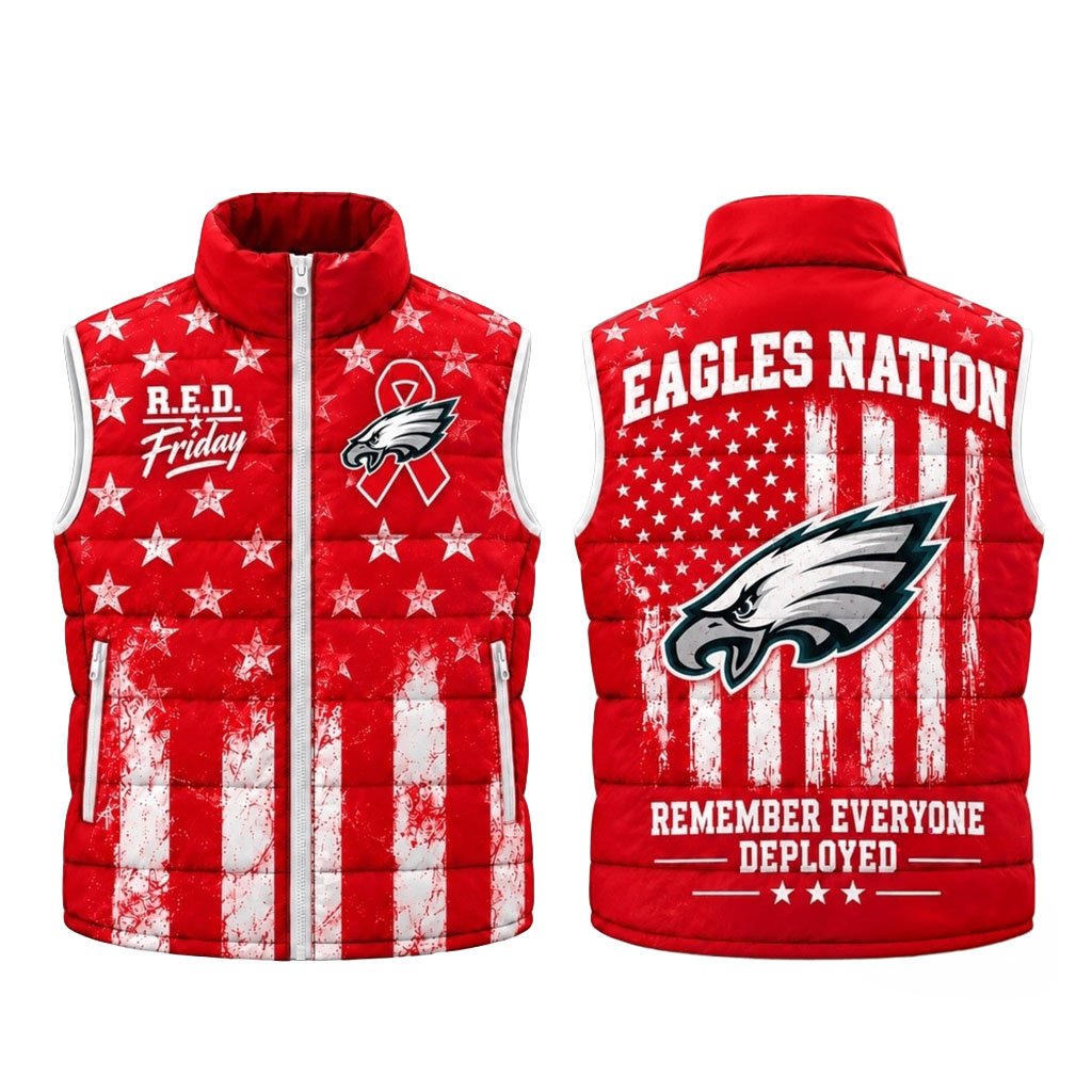 Philadelphia Eagles RED Friday Stars And Stripes Sleeveless Puffer Jacket Eagles Nation Merch