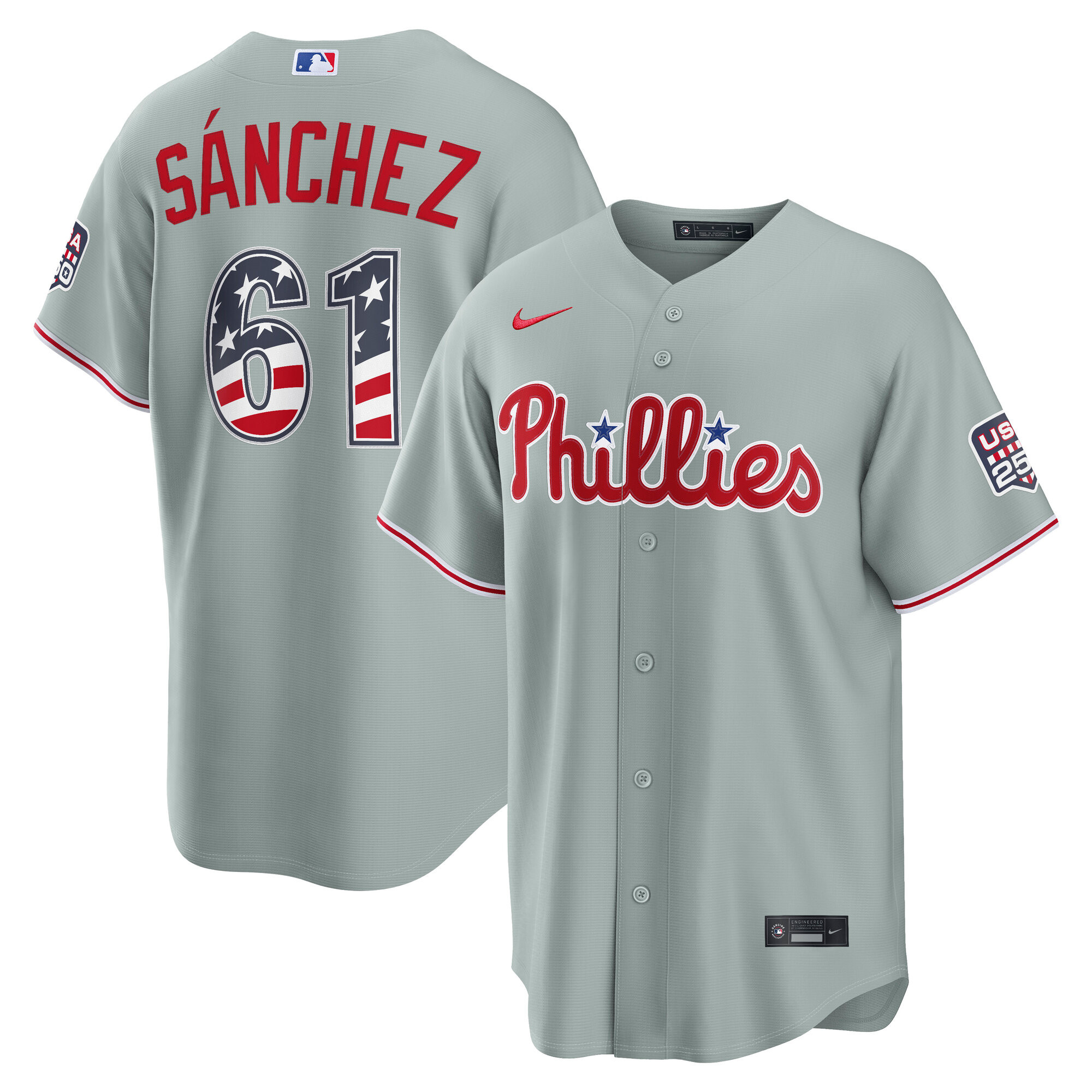 Philadelphia Phillies Cristopher Sanchez Gray USA 250 Fourth of July Road Baseball Jersey 1 - Unicasport Philadelphia Phillies Cristopher Sanchez Gray USA 250 Fourth of July Road Baseball Jersey