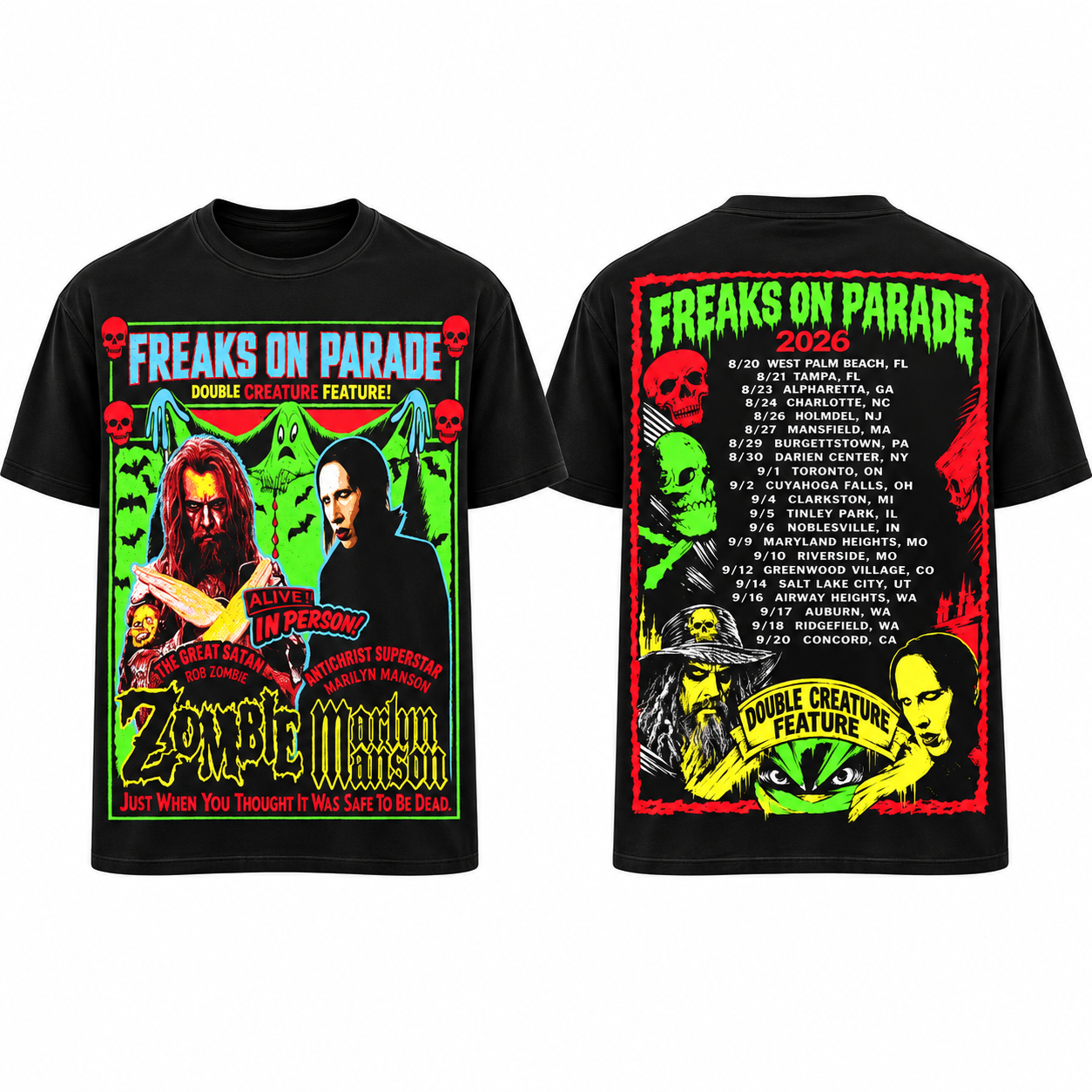 rob zombie x marilyn manson freaks on parade 2026 tour merch shirt gcw7C - merchtourboutique