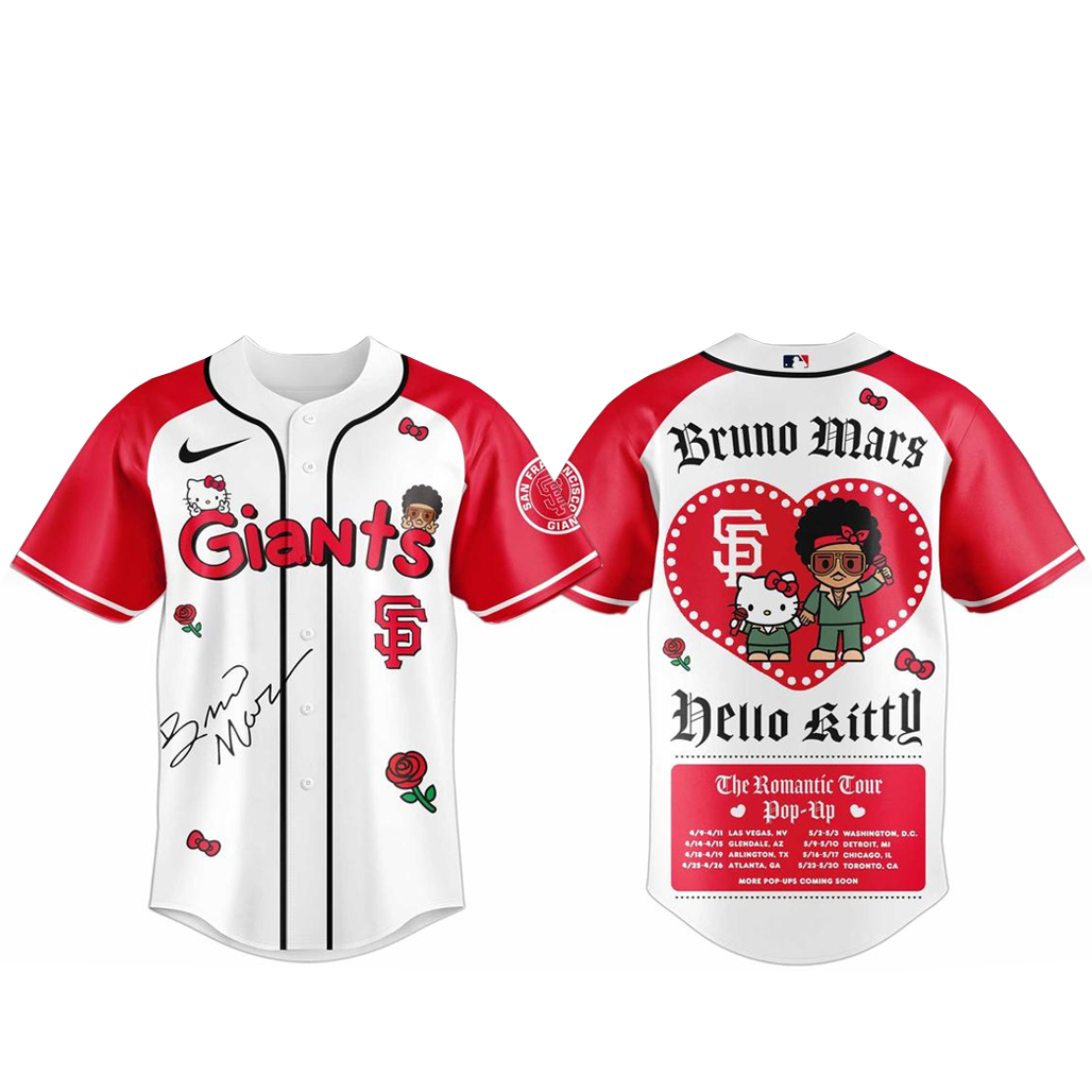 San Francisco Giants Bruno Mars x Hello Kitty 2026 The Romantic Tour Baseball Jersey 1 - Unicasport San Francisco Giants Bruno Mars x Hello Kitty 2026 The Romantic Tour Baseball Jersey