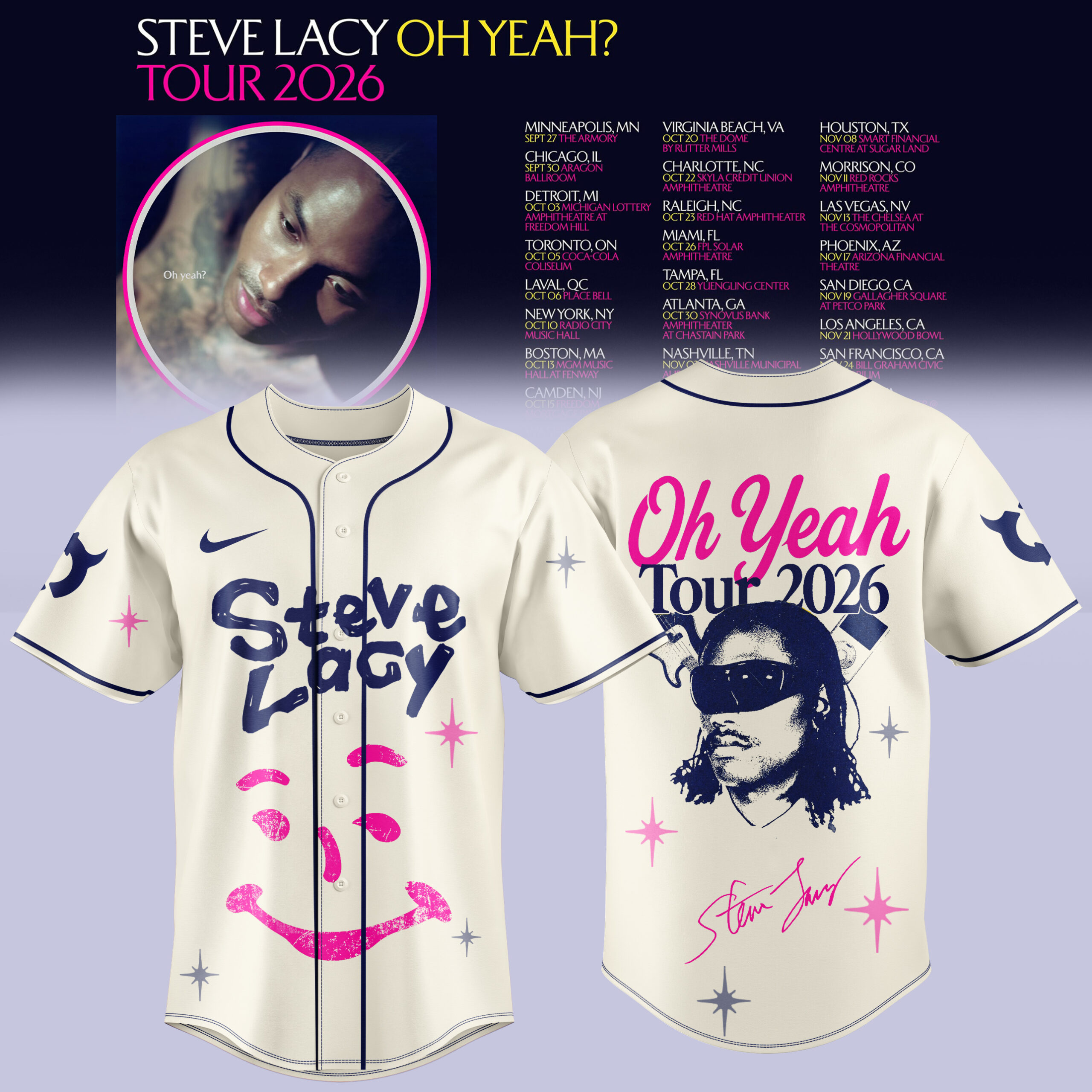 Steve Lacy Oh Yeah Tour 2026 Graphic White Baseball Jersey