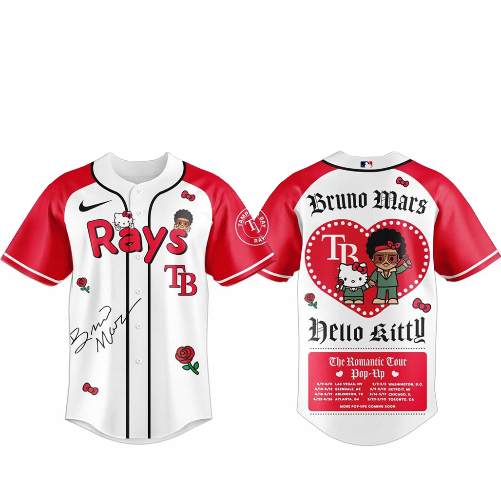 Tampa Bay Rays Bruno Mars x Hello Kitty 2026 The Romantic Tour Baseball Jersey 1 - Unicasport Tampa Bay Rays Bruno Mars x Hello Kitty 2026 The Romantic Tour Baseball Jersey