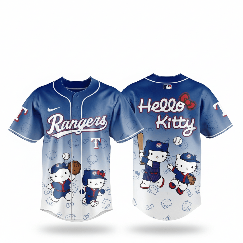 Texas Rangers Hello Kitty Night 2026 Blue White Baseball Jersey 1 - Unicasport Texas Rangers Hello Kitty Night 2026 Blue White Baseball Jersey