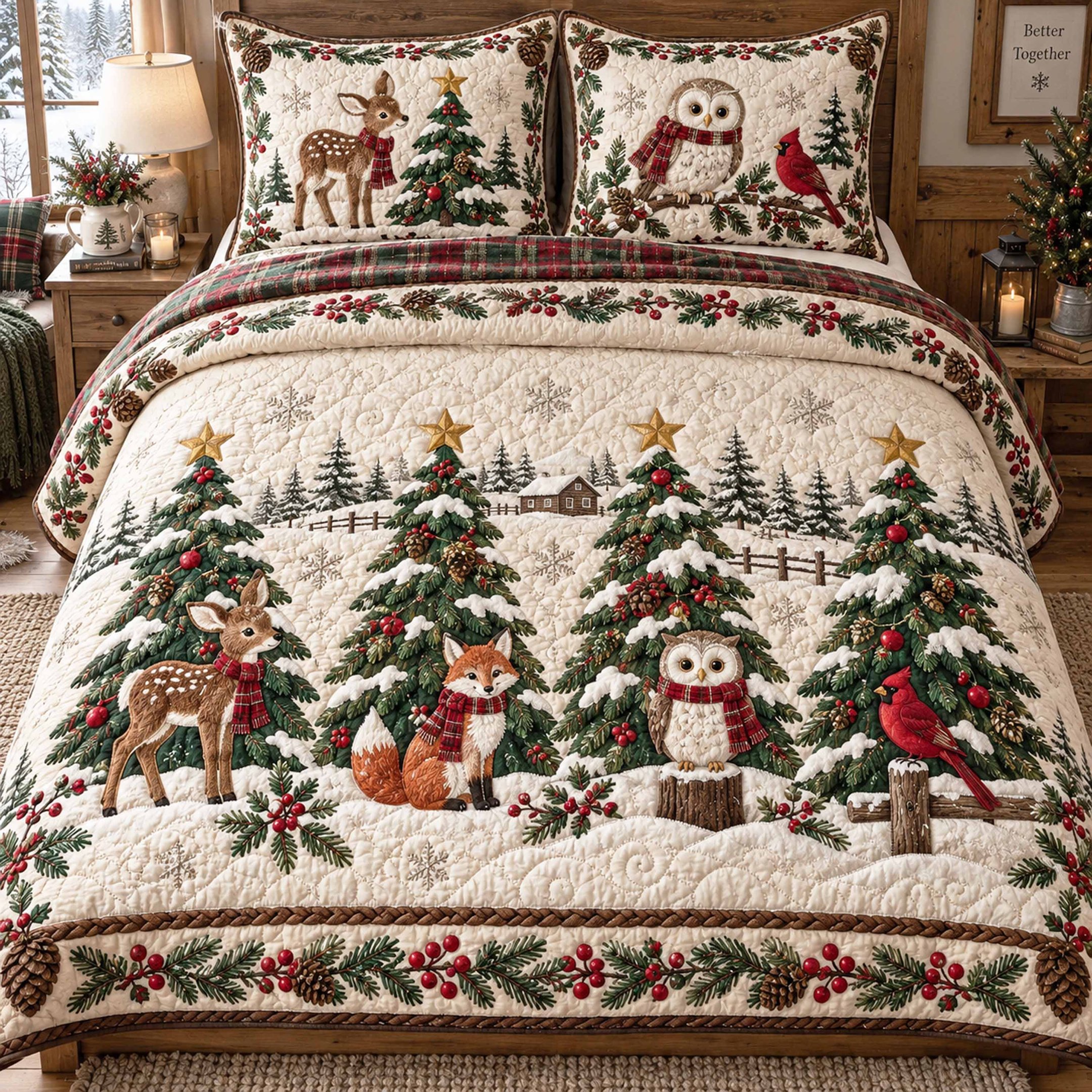 Winter Spruce Quilted Bedding Set Holiday Ornament Bedspread Set Family Gift