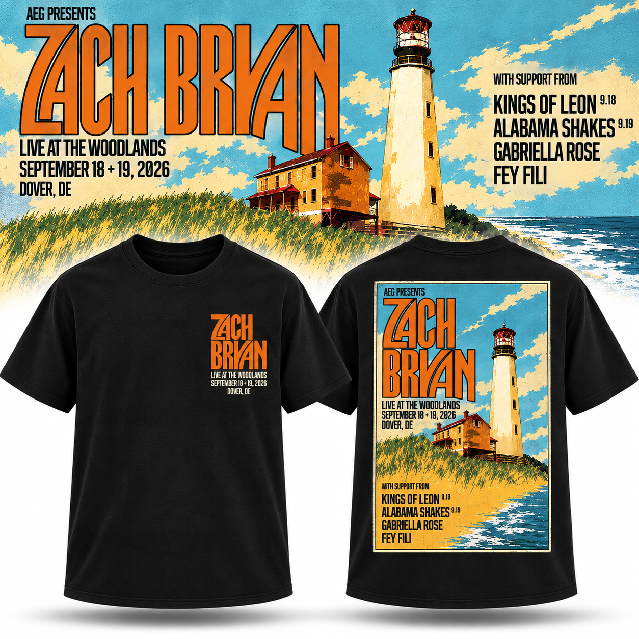 Zach Bryan September 18 19 2026 With Heaven On Tour Dover, DE, The Woodlands Shirt Merch